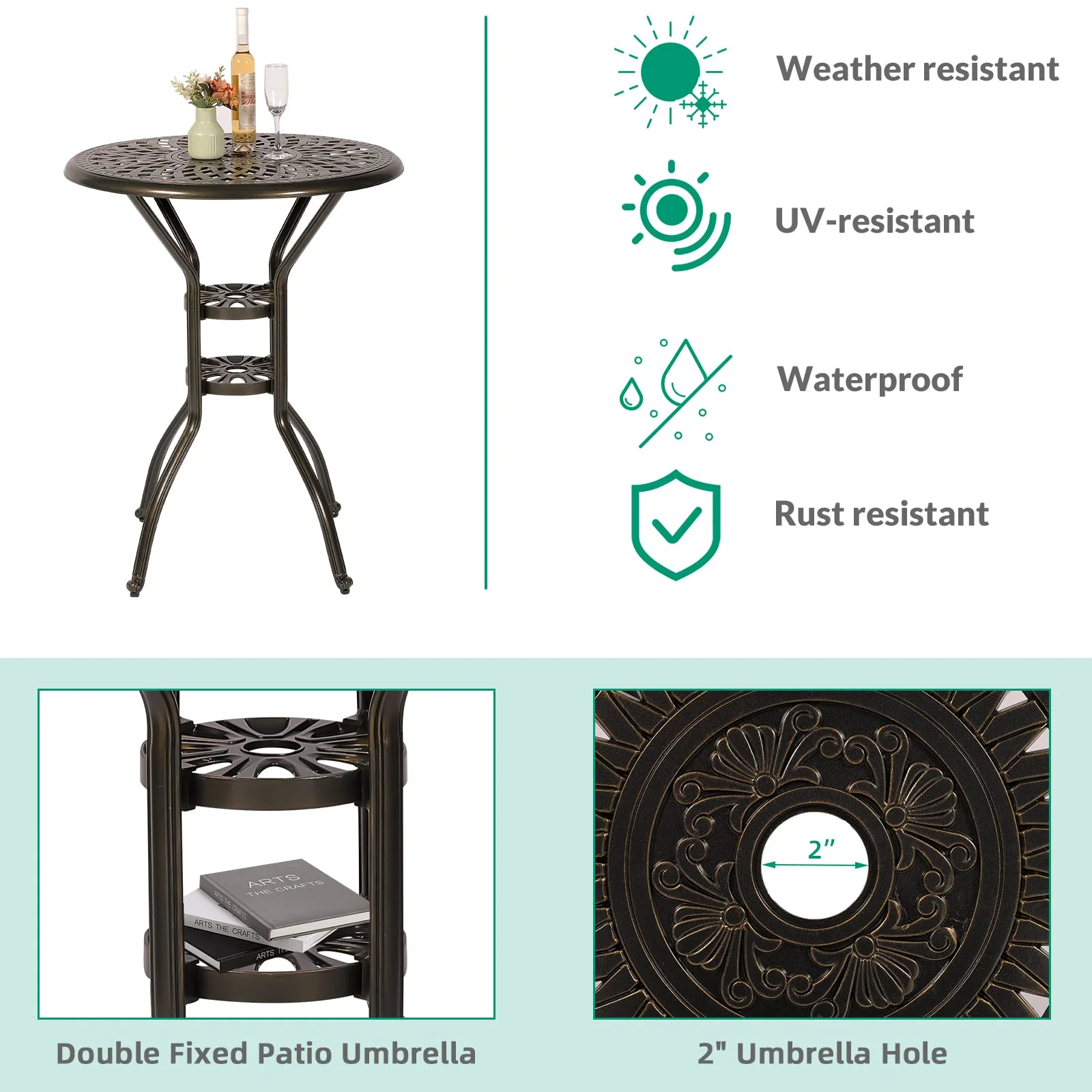 VIVIJASON 30.8" Round Cast Aluminum Patio Bar Table with Umbrella Hole, Antique Bronze - Image 4