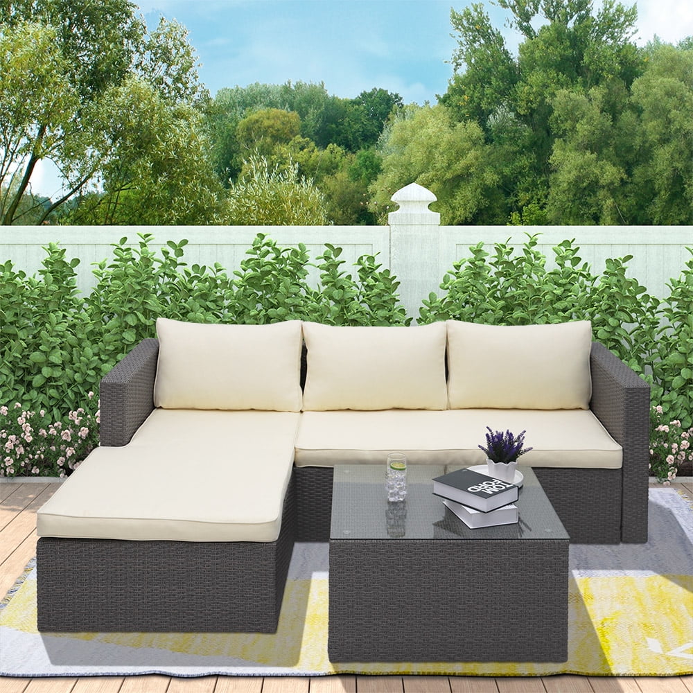 Abble 3pcs Patio Furniture Set Outddor Wicker Sectional Set Conversation Sofa Set with Cushions-Gray