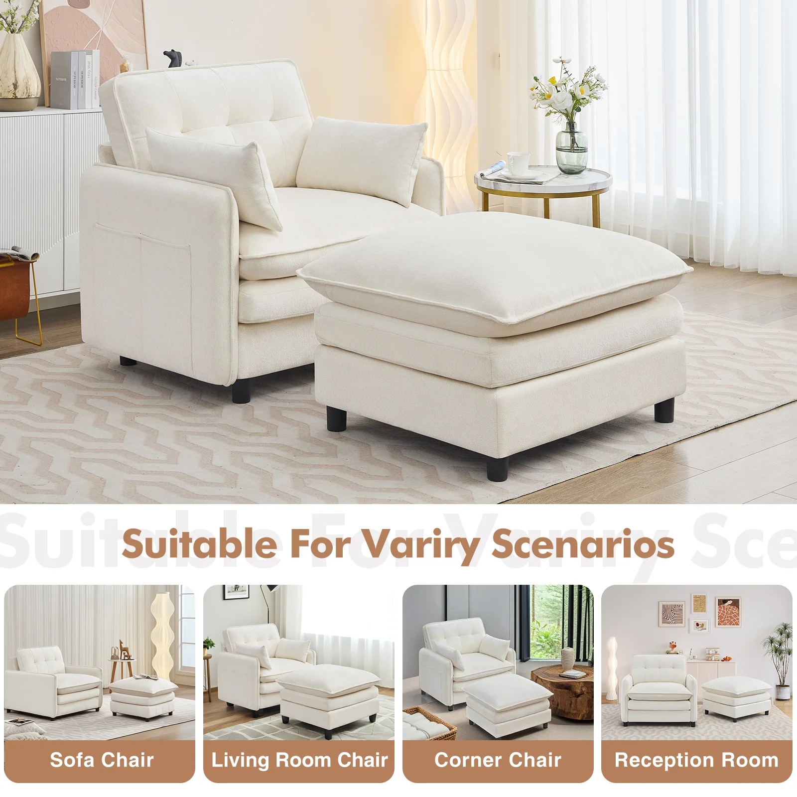 Aemeios Upholstered Chenille OversizedAccent Armchairs with Ottoman and Side Pocket, Cream - Image 3