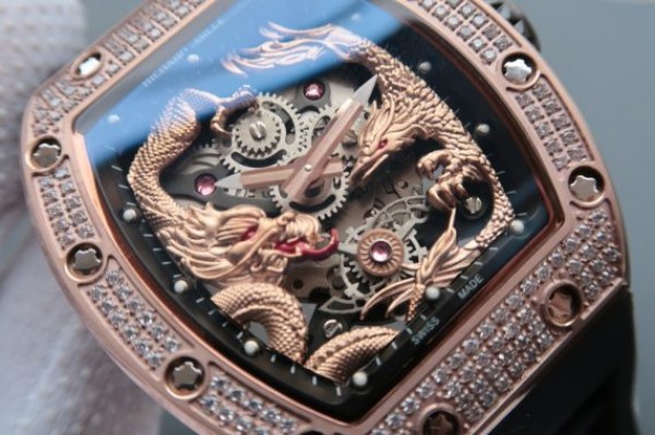 Replica Richard Mille RM057 Dragon Phoenix RG Case Diamonds Bezel RG Dial Black Rubber Strap - Elite Watch Atelier