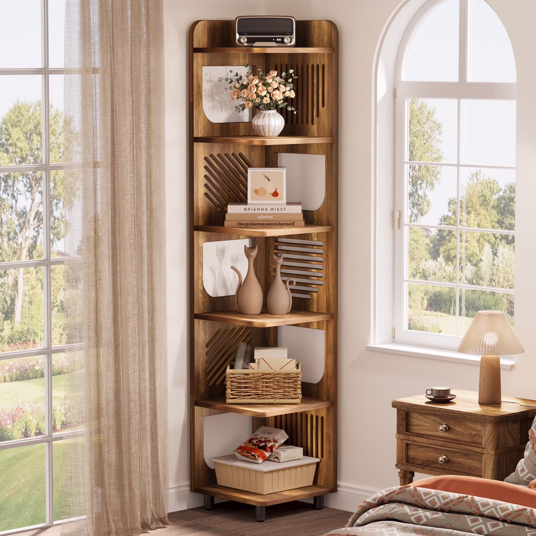 Fnova 71" 6-Tier Tall Corner Bookshelf, Rustic Wooden Narrow Corner Bookcase with Artistic Square Rack, Freestanding Display Storage Shelf for Space-Saving Home Organizing - Image 3