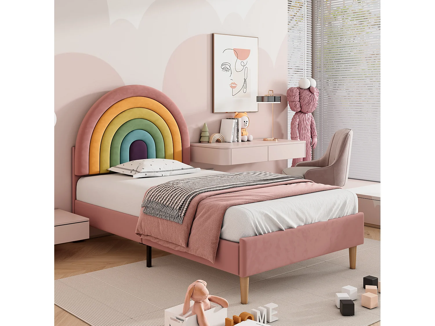 Lit Rembourré Simple Adultes Et Ados 90 * 200 cm Avec Sommier À Lattes Et Tête De Lit Arc-En-Ciel Réglable En Hauteur - Rose