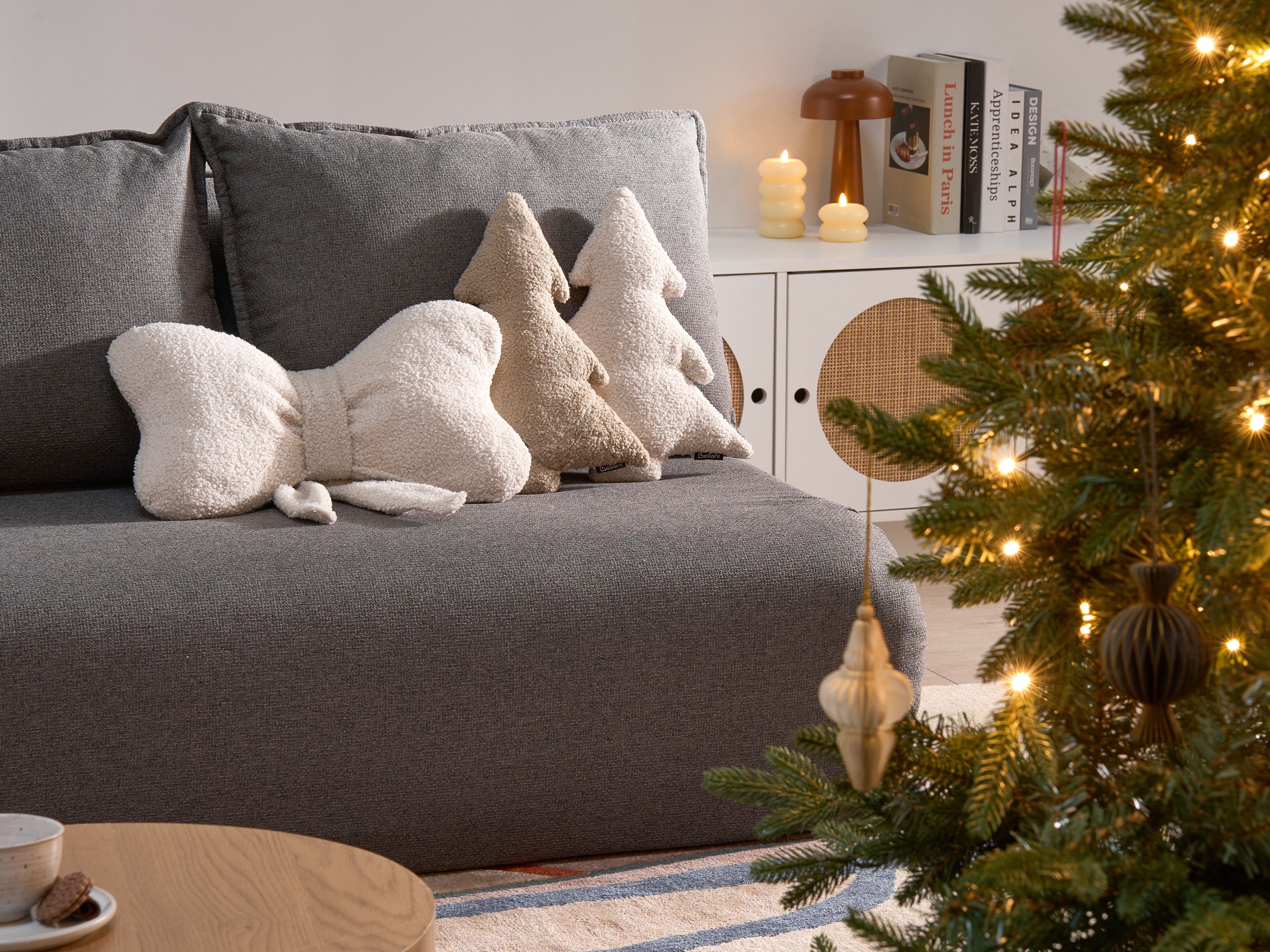 Set of 3 Decorative Cushions WINTERLAND Boucle 30 x 35 cm 45 x 25 cm Light Beige Christmas Motif