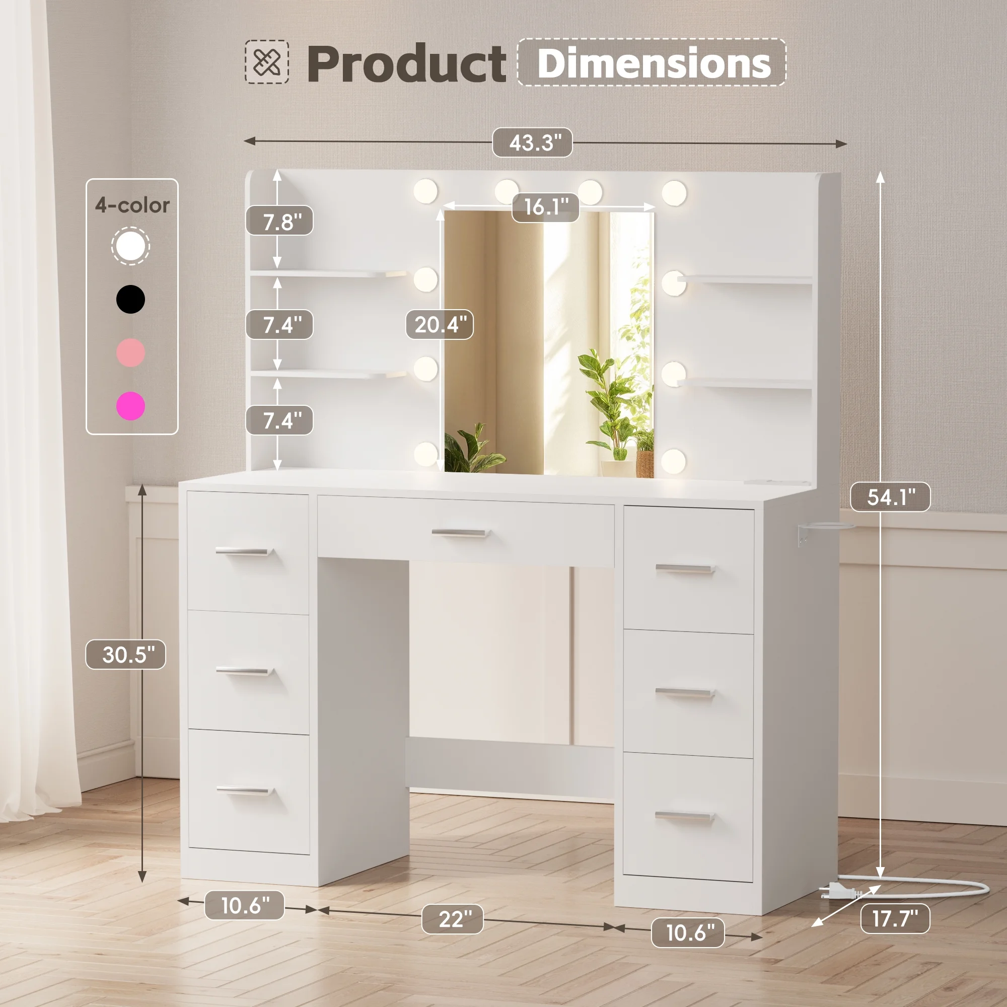 Lacoo Vanity Desk with Mirror and LED Lights, Makeup Vanity with 7 Drawers & 4 Shelves, Vanity Table with Power Outlet for Bedroom Dressing Room, White - Image 12