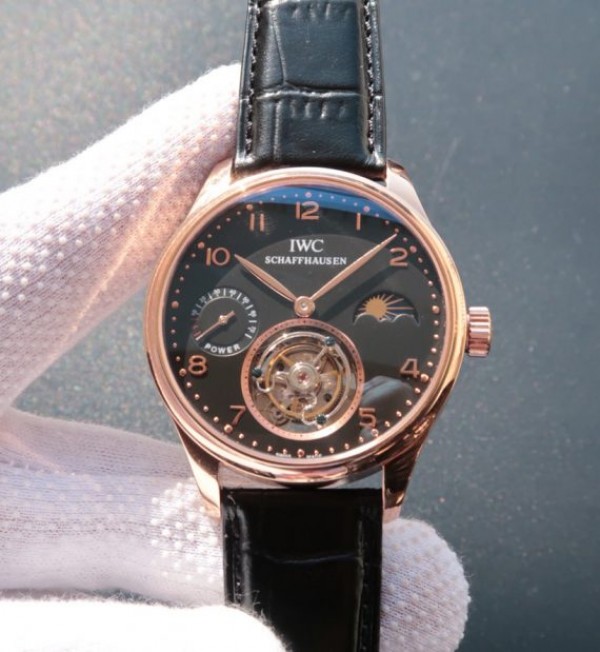 Replica IWC Portuguese Tourbillon Power Reserve RG Moonphase Black Dial - Top club