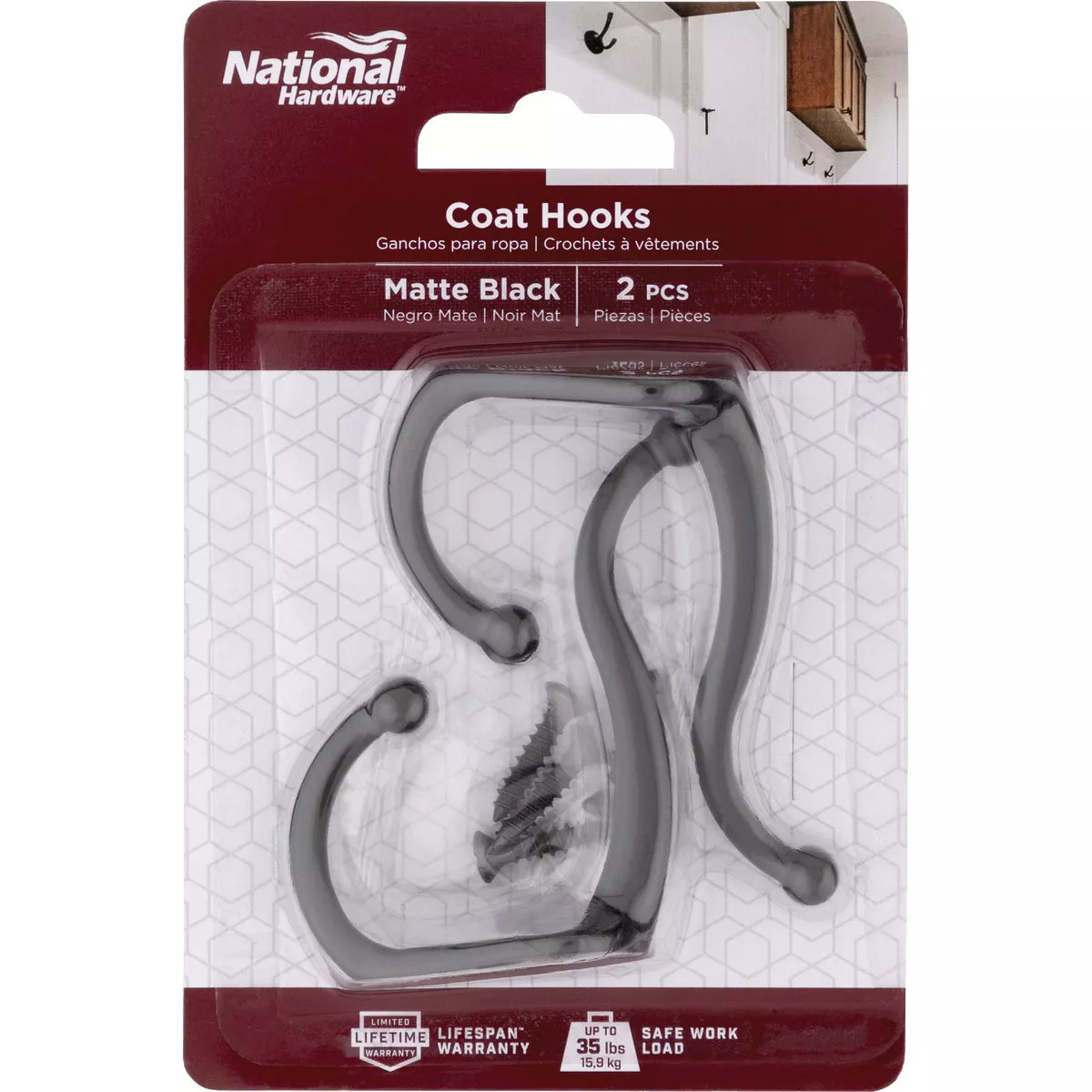 National Hardware Matte Black Coat Hook (2-Pack)