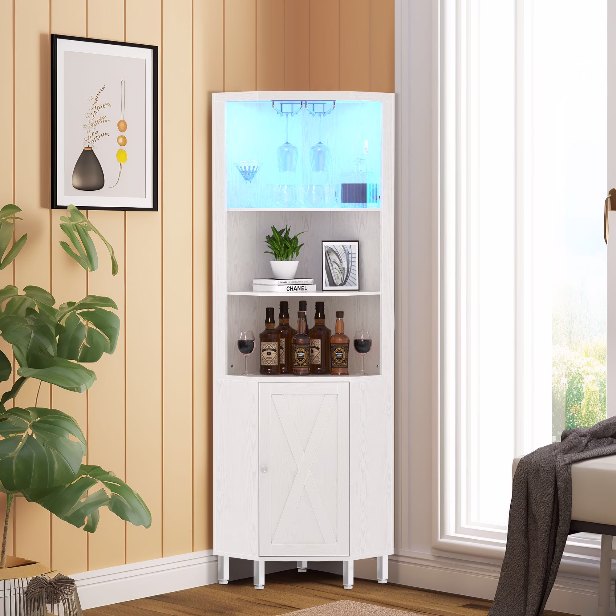 Dextrus 67" Corner Bar Cabinet with LED Lights, Wine Glass Holder & Storage Shelves, Black - Image 3