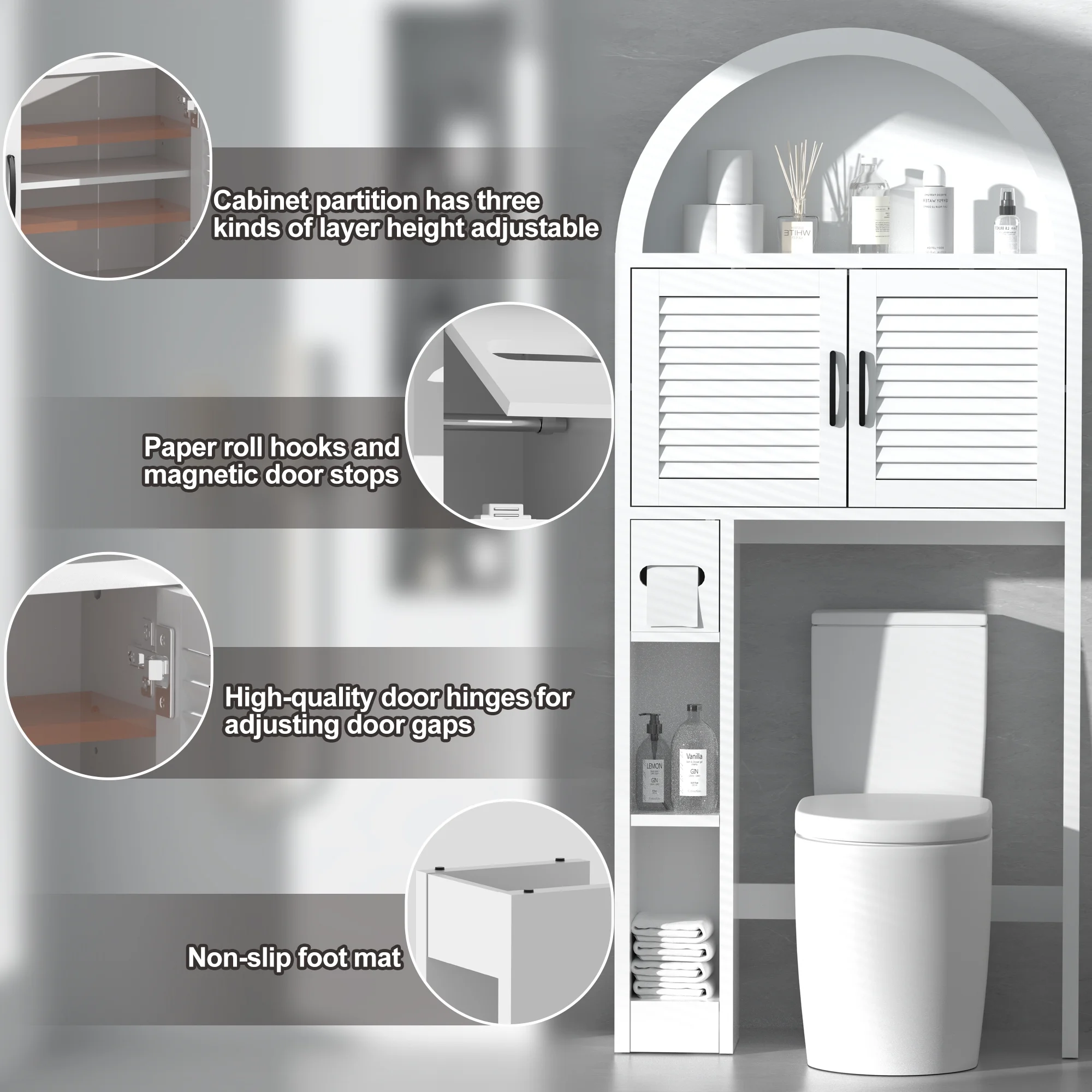 HARIPUL Over The Toilet Storage Cabinet w/ Unique Wood Grain & Arc Design, Freestanding Bathroom Shelf Organizer Space Saver w/ Doors & Anti-Tip Device, Wood Color - Image 65
