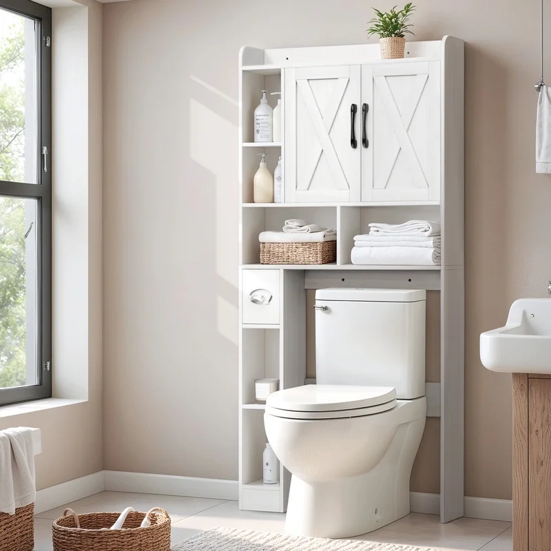 Furmax Farmhouse Style Over The Toilet Storage Cabinet with Barn Doors, Space Saver with Toilet Paper Holder for Bathroom and Restroom, White