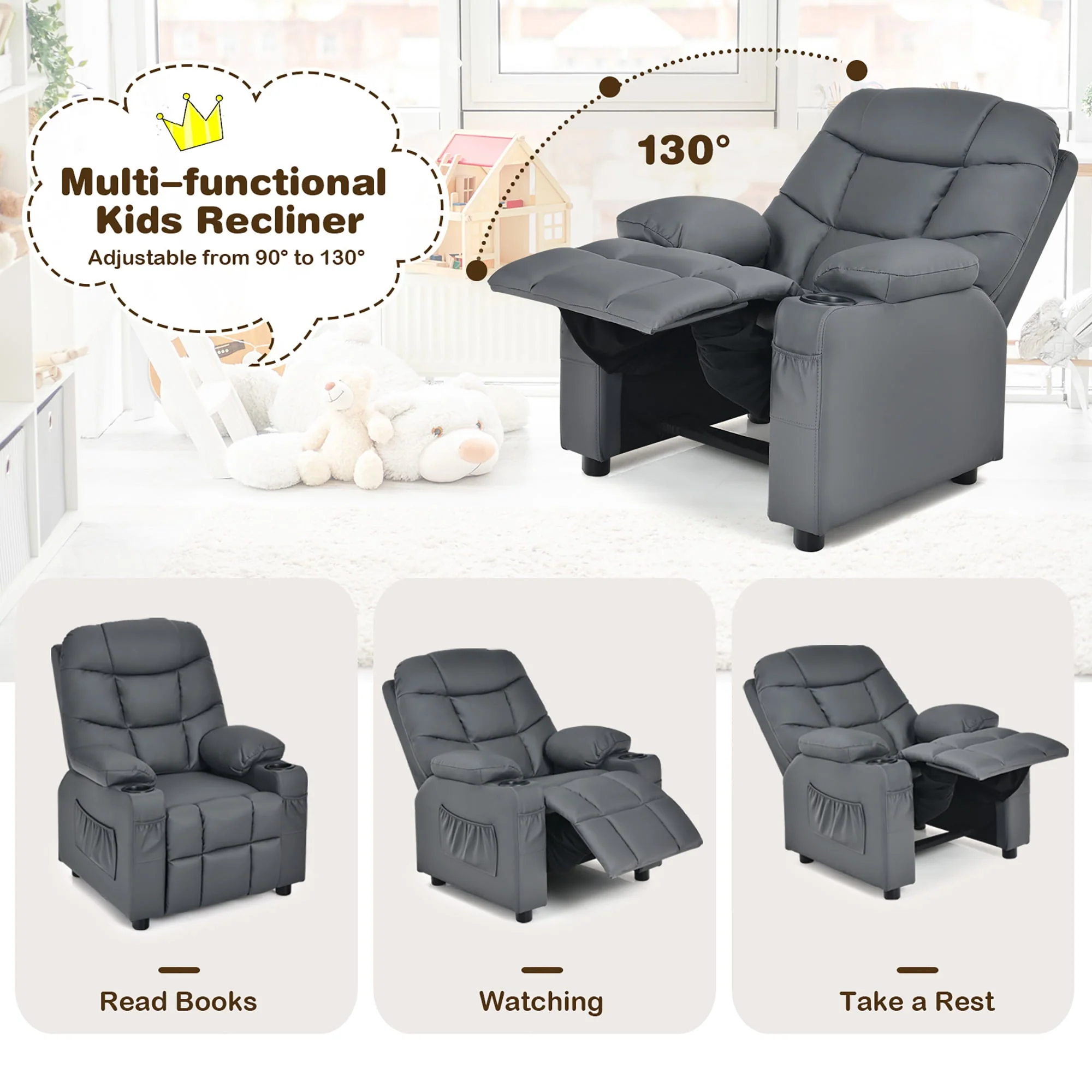 Costway Kids Youth Recliner Chair PU Leather w/Cup Holders & Side Pockets Grey - Image 9