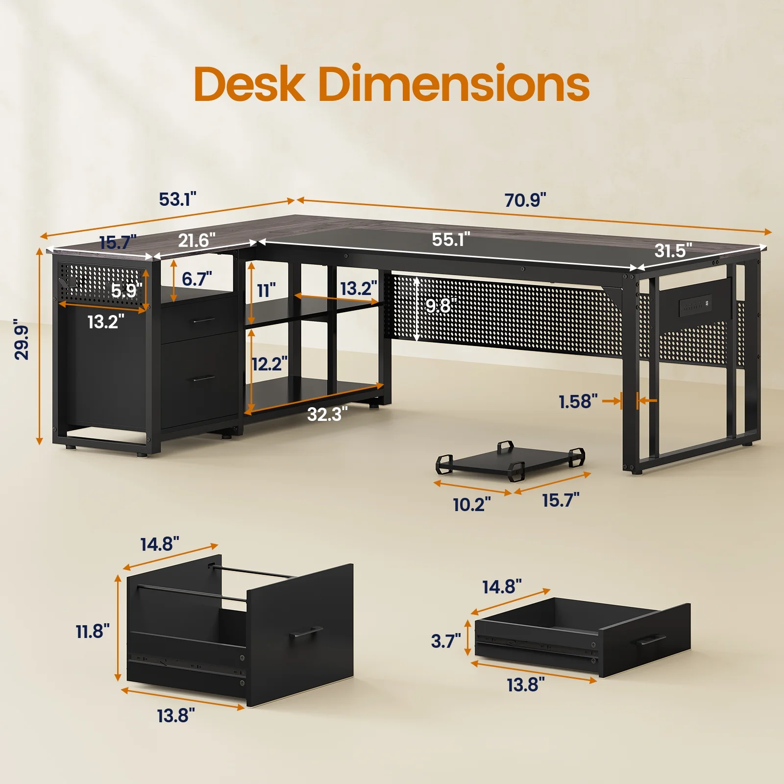 71" Executive Desk with Power Outlets, Modern L Shaped Office Desk with File Drawers and Pegboard, Large Computer Desk, Rustic Brown - Image 24