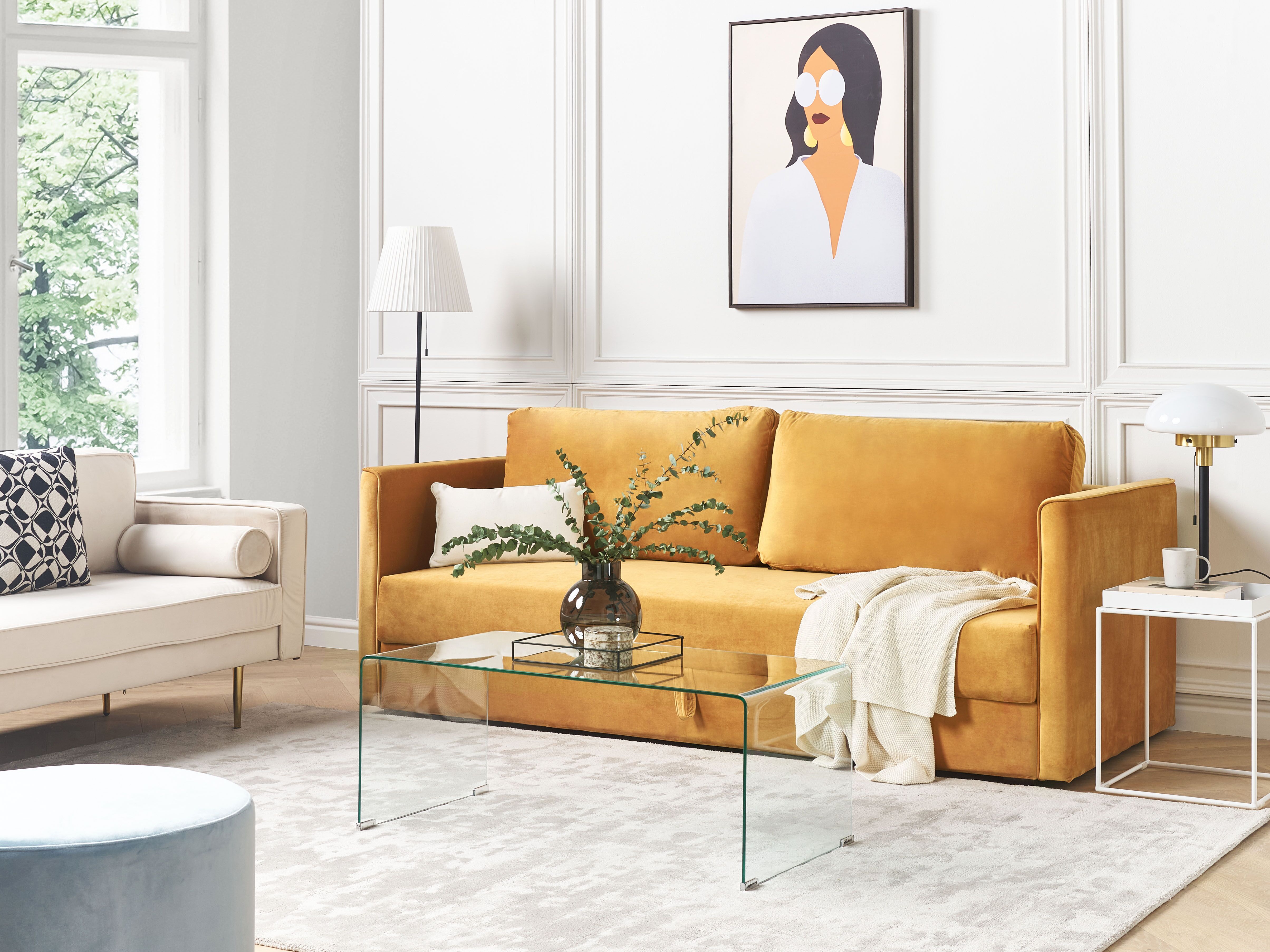 Sofa Bed 3 Seater EKSJO Velvet Mustard with Storage