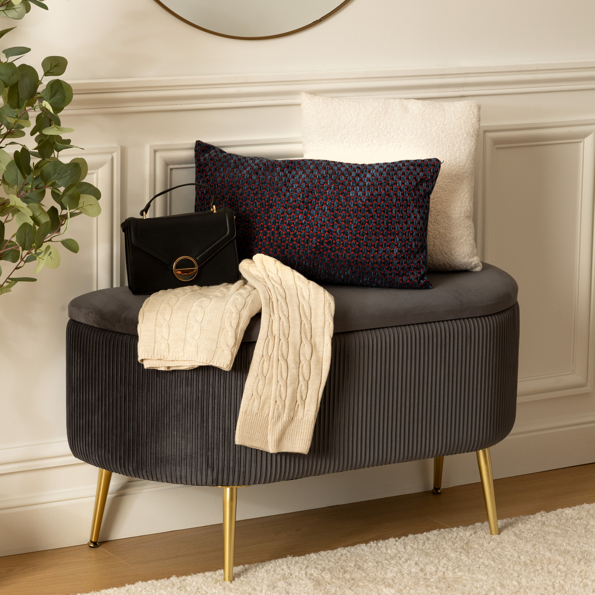 Velvet bench "Solaro" Grey, 100x40 cm