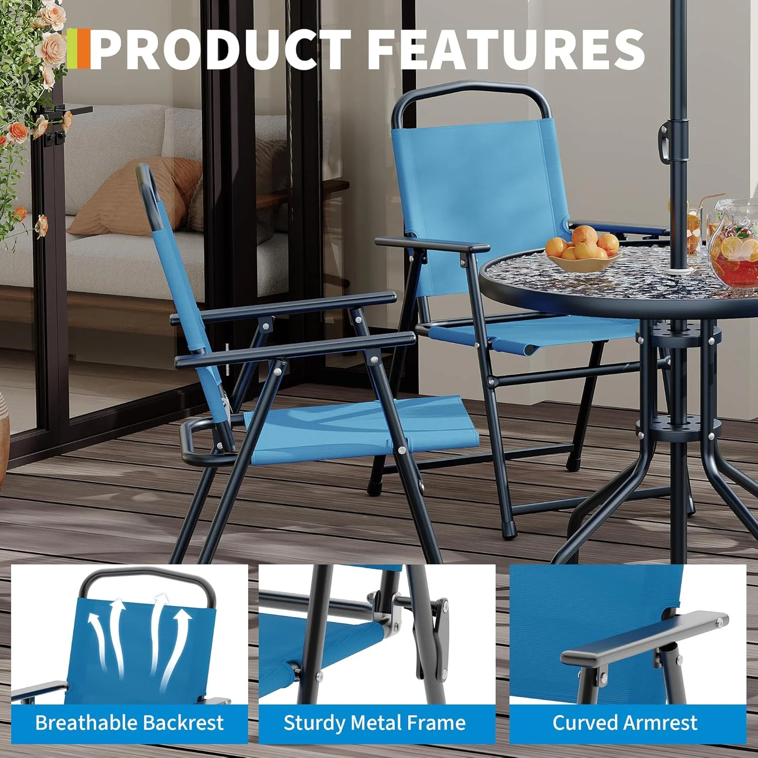 6 Pieces Outdoor Dining Set With Umbrella, Patio Table and 4 Folding Chairs With Umbrella, Garden Patio Furniture Set With Umbrellas, Tempered Glass Top Dining Table - Image 12