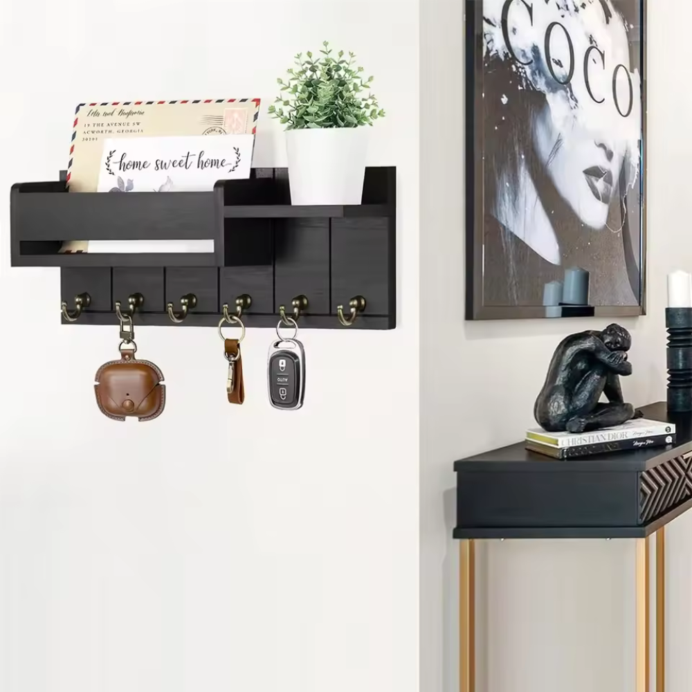 Stijlvolle Massief Houten Wandorganizer met Haken en Planken voor Sleutels en Accessoires