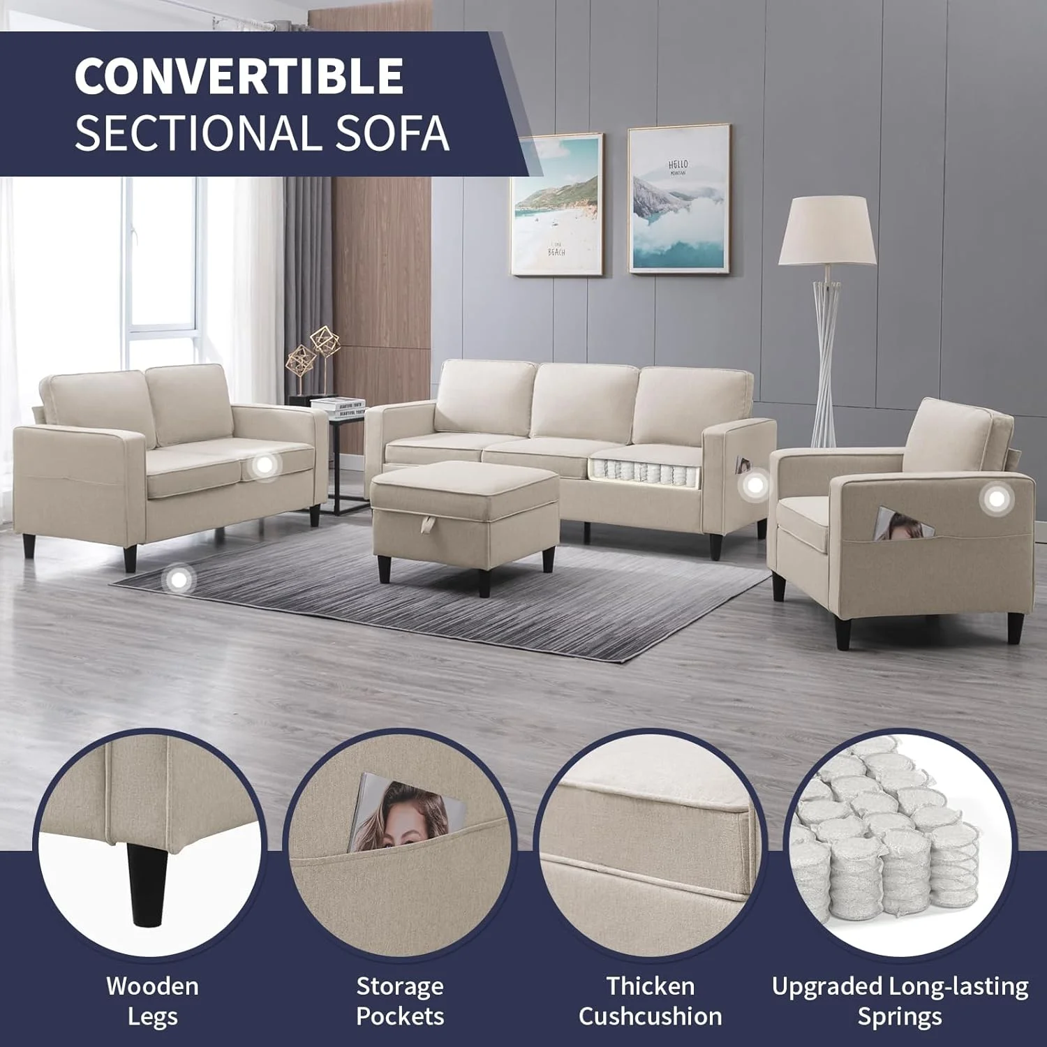 ijuicy Sectional Sofa Set,3PCS Living Room Furniture Couch Sets with Movable Storage Ottoman & Side Pockets,Include Sofa,Loveseat&Chair,Dark Gray - Image 20