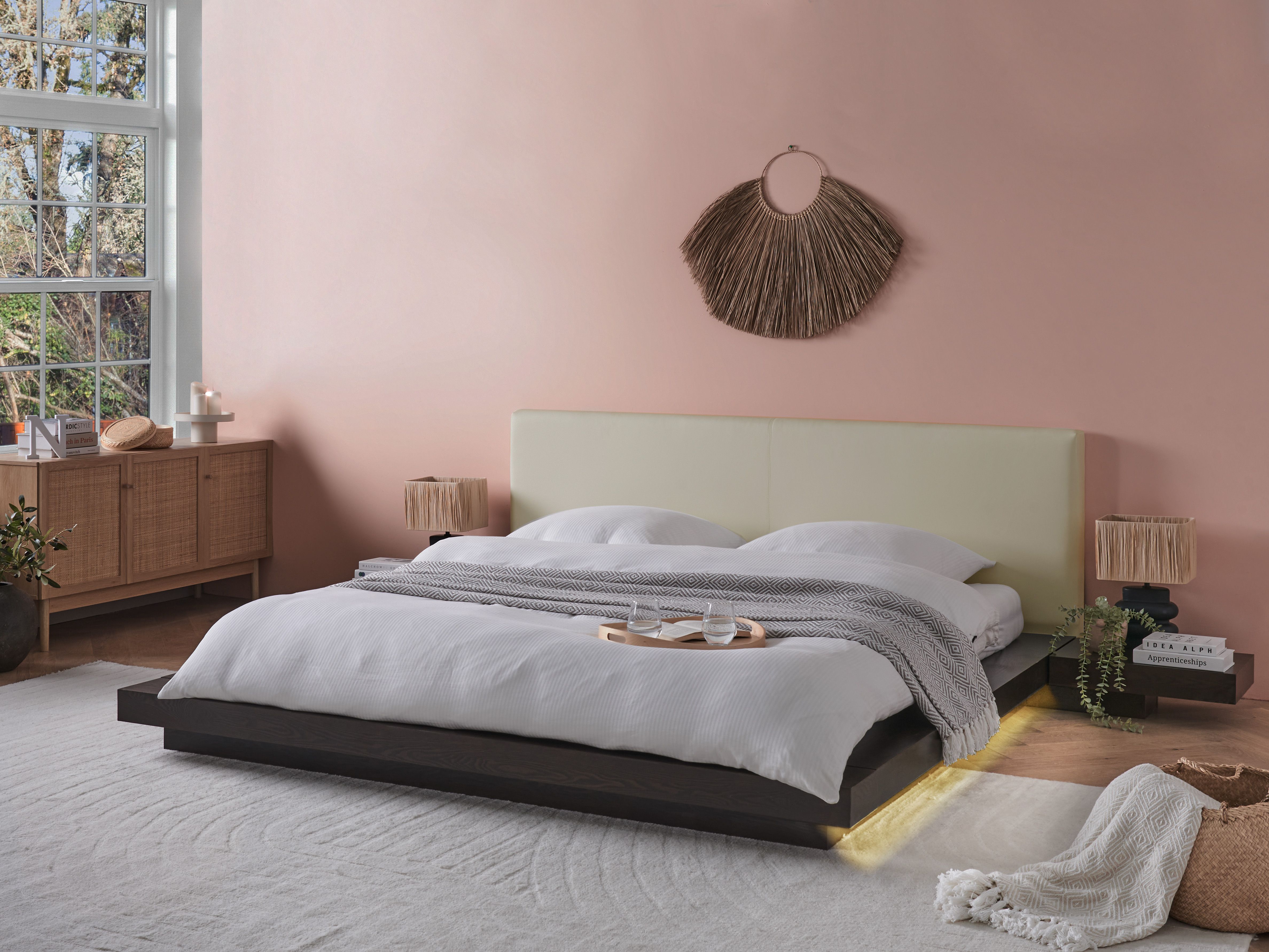 Bed with LED Faux Leather ZEN 180 x 200 cm (EU Super King) Dark Ash Wood