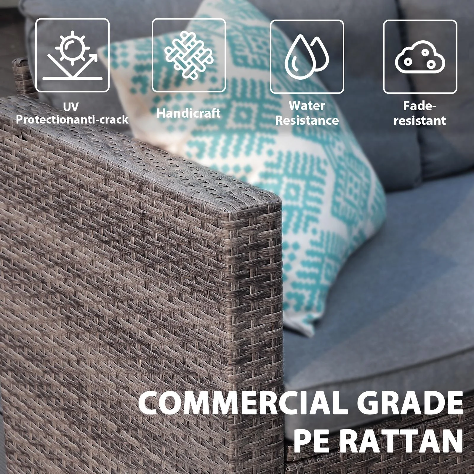 JOIVI 3 Pieces Patio Conversation Set, PE Wicker Rattan Outdoor Furniture Set, 2 Ways Small Sectional Sofa, Tempered Glass Coffee Table, Silver-Gray - Image 10