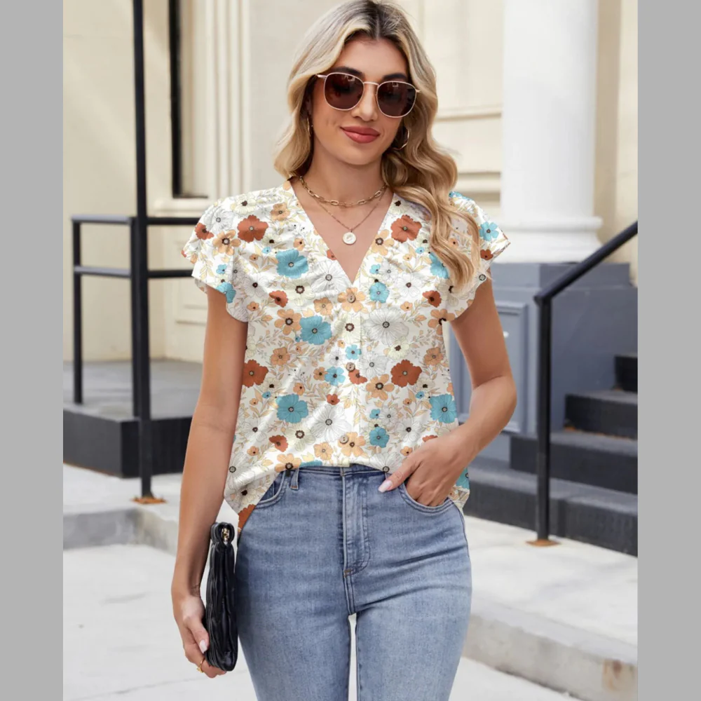 Floral Print V-Neck Cap Sleeve Casual Summer Blouse - ZKZOOK