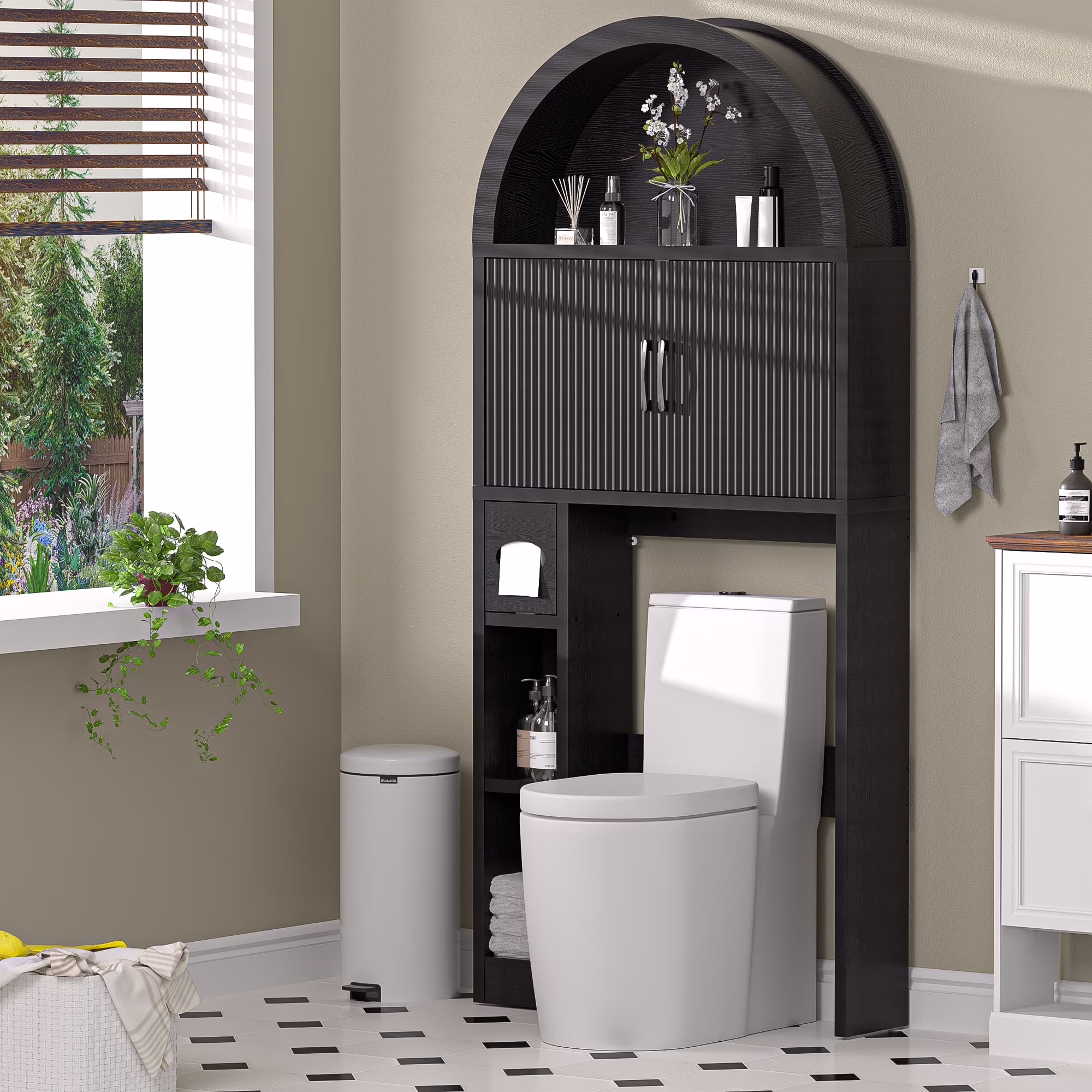 HARIPUL Over The Toilet Storage Cabinet w/ Unique Wood Grain & Arc Design, Freestanding Bathroom Shelf Organizer Space Saver w/ Doors & Anti-Tip Device, Wood Color - Image 16
