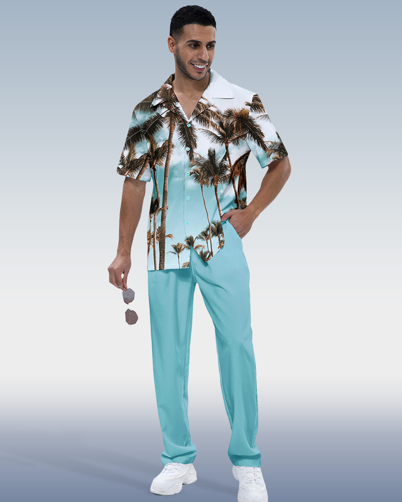 Suitmens Men's Hawaiian Print Short Sleeve Walking Suit