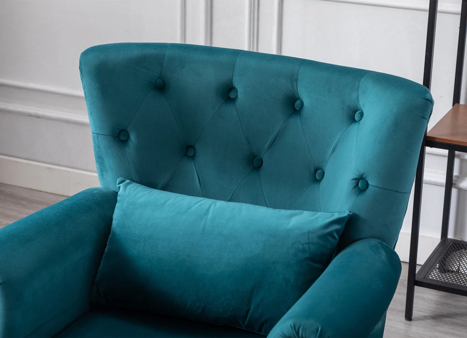 Guyou Mid Century Accent Chair Modern Button Tufted Armchair Wingback Club Chair Velvet Single Sofa Lounge Chair with Pillow for Living Room Bedroom, Teal Blue - Image 11