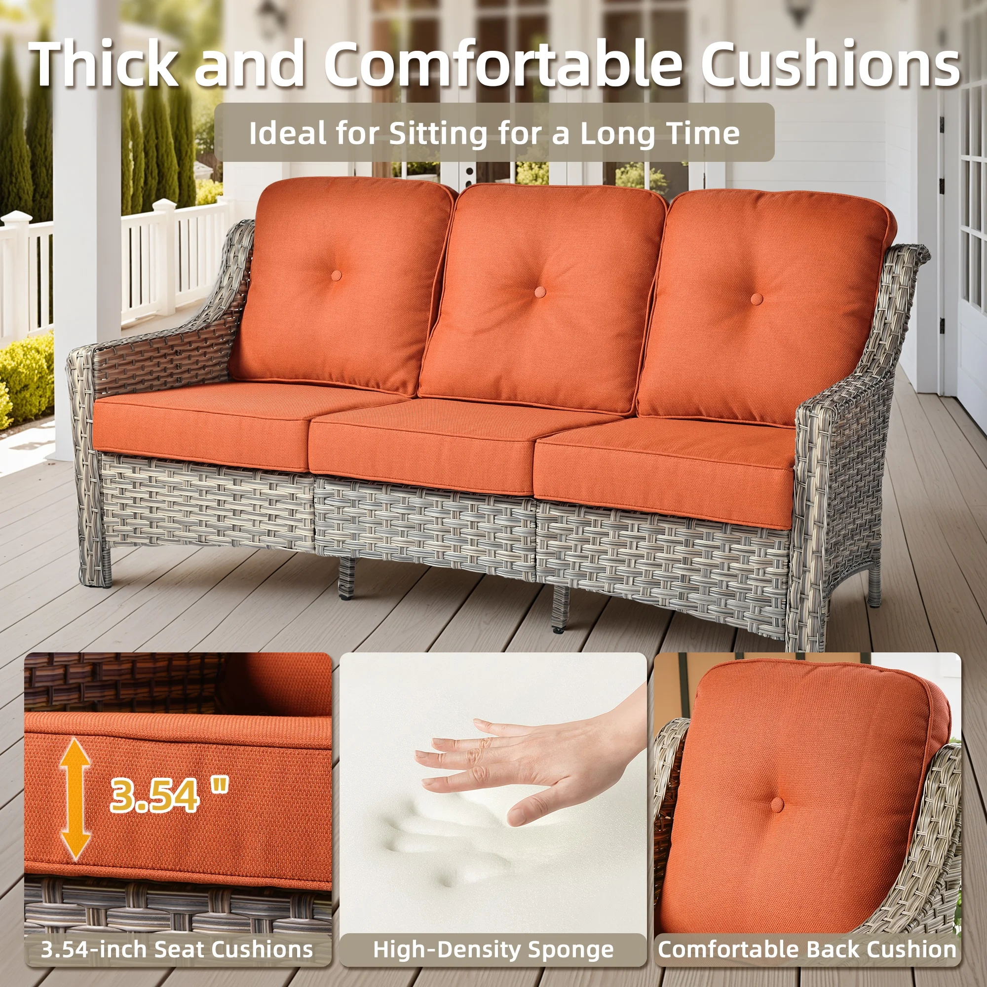 Ovios Outdoor Patio Sofa 3-Seater with Cushions All-Weather Wicker Rattan Couch for Garden, Porch, or Backyard - Image 41