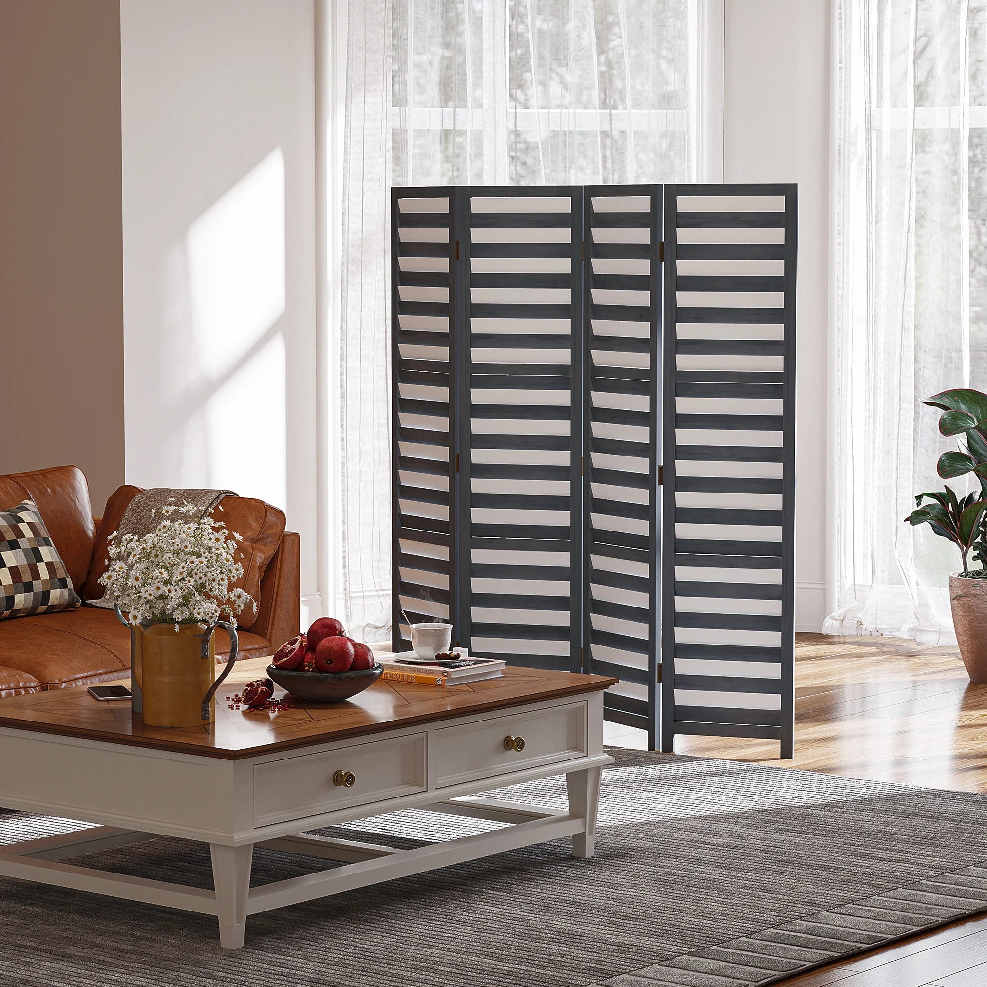 HOMCOM 5.6' 4 Panel Room Divider Folding Privacy Screen Panel, White / Grey