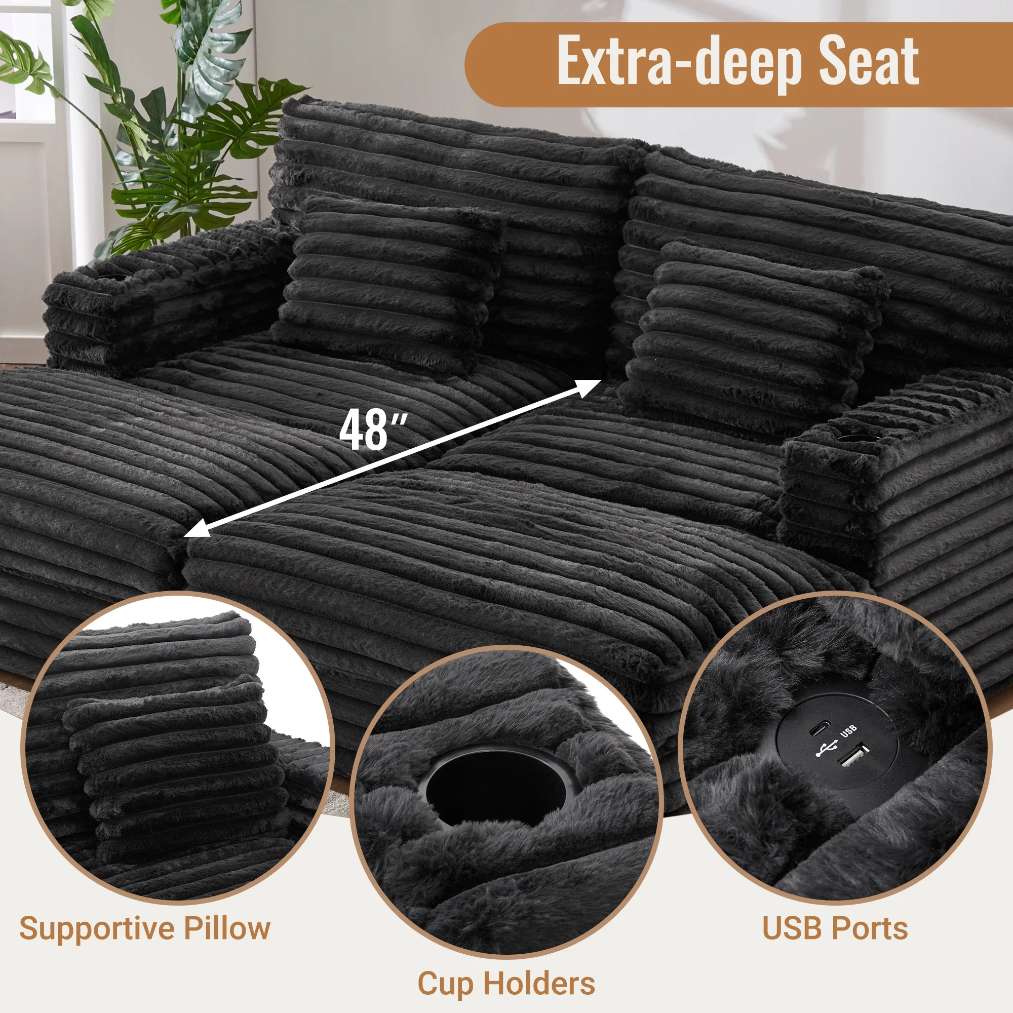 Oversized Double Chaise Lounge, Faux Fur Upholstered Deep Seat Sofa with 2 Pillows, 2 Cupholders, and Dual USB Ports - Image 28