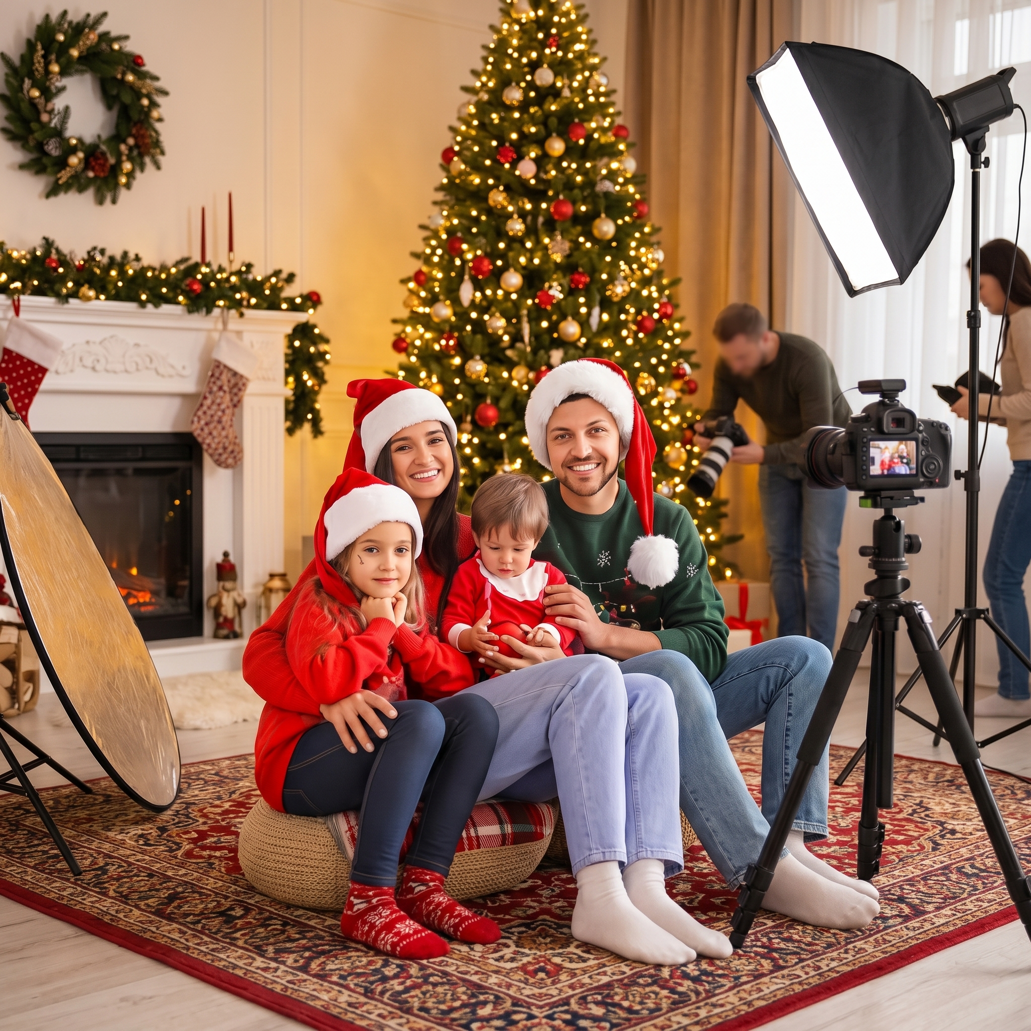 Family posing for a holiday photoshoot to create a personalized picture ornament