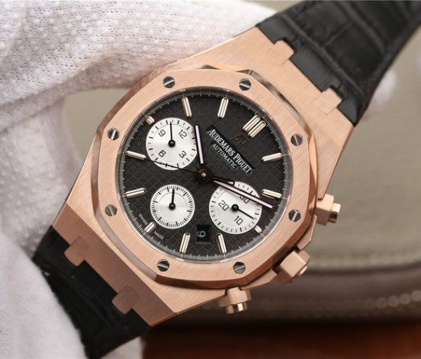 Replica Audemars Piguet Royal Oak Chronograph 26331 RG Black Dial Leather Strap A7750 - Elite Watch Atelier