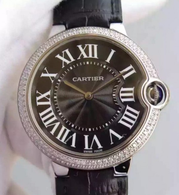 Replica Cartier Ballon Bleu 40mm Diamonds Bezel Black Dial Leather Strap MIYOTA9015 - Top club