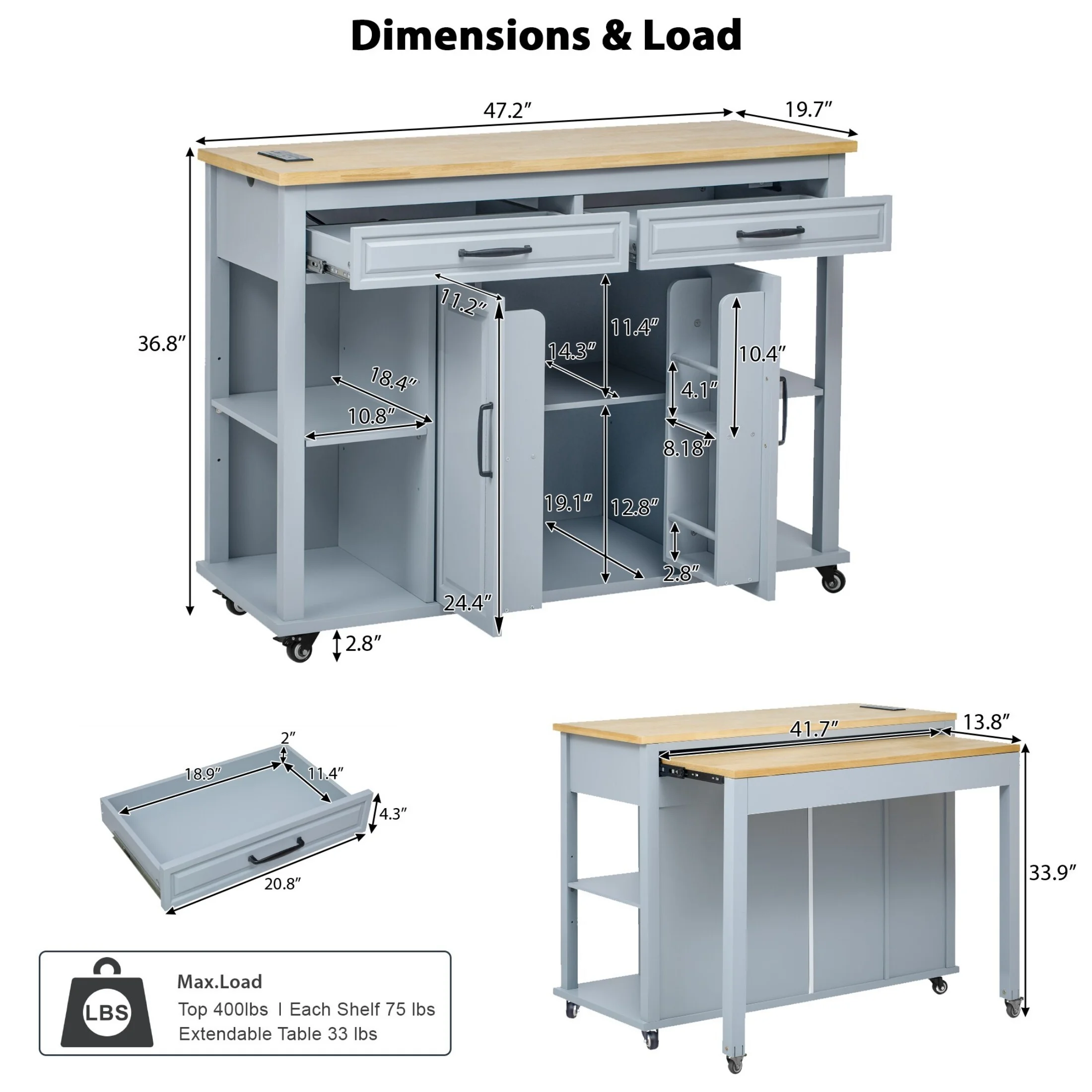 DEALTOPS 47.2'' Kitchen Island Cart with Extendable Table and Open Spaces, Kitchen Storage Cart with Adjustable Shelves, Blue