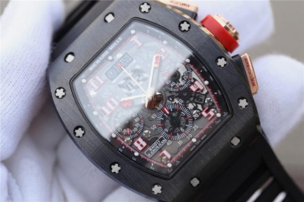 Replica Richard Mille RM011 Black Ceramic RG Chrono Skeleton Dial Black Rubber Strap A7750 - Top club