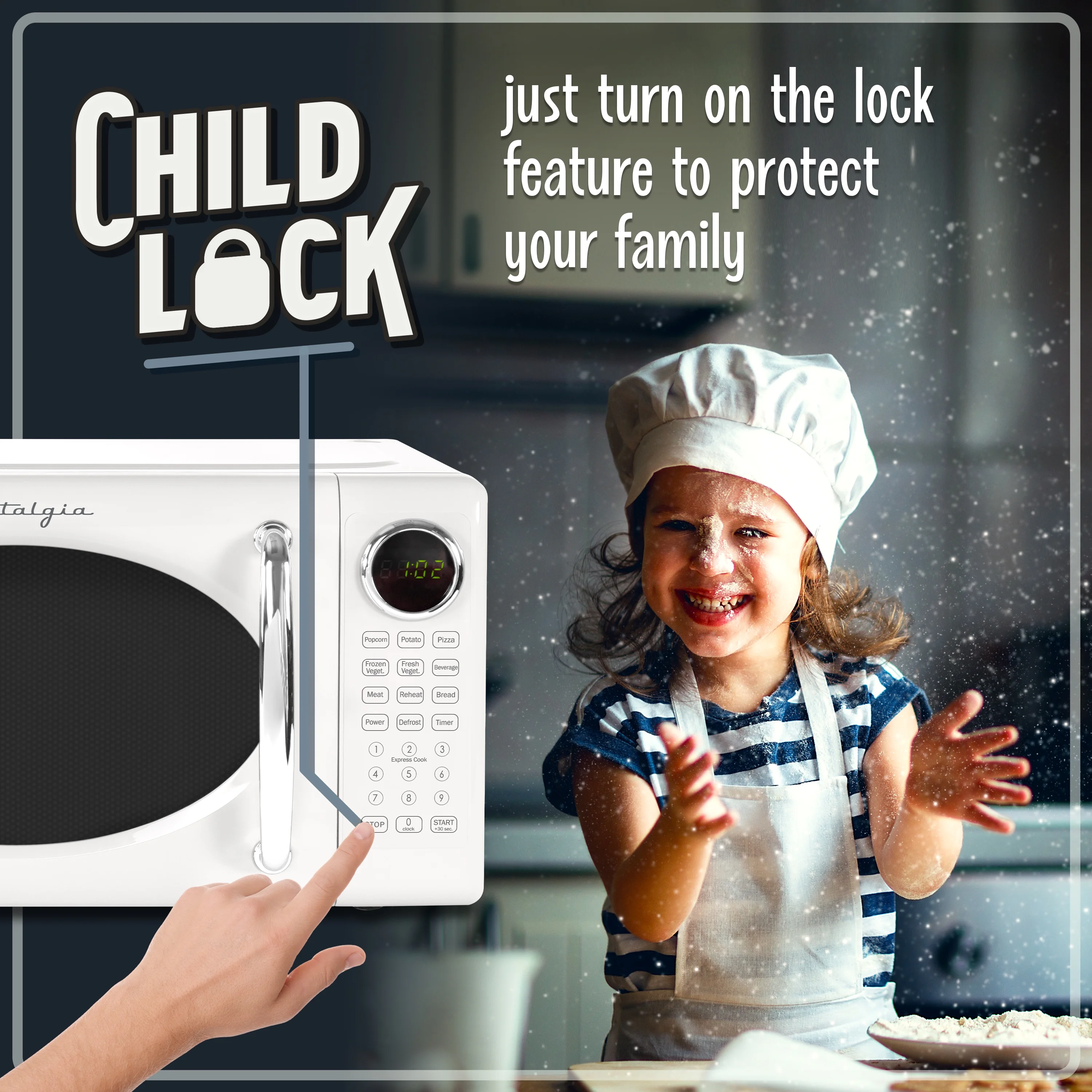 Nostalgia Retro Microwave Oven - 0.7 Cu Ft & 700-Watt Countertop Microwave with Glass Turntable, Child Safety Lock, 8 Auto-Cook Programs & Digital Clock - Aqua - Image 12