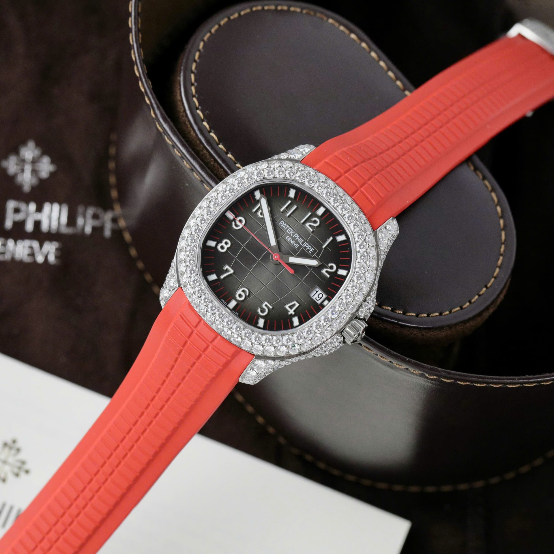 Patek Philippe Aquanaut 5167 Rep 11 Watch Custom Moissanite Diamonds Red Rubber Strap 40mm - Top club