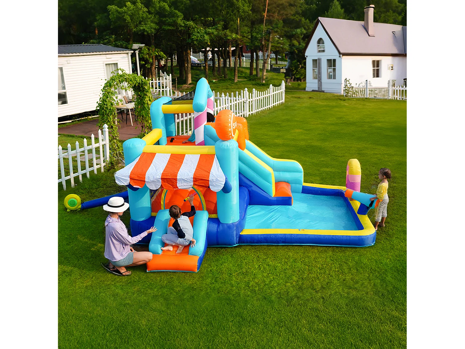Château gonflable enfant parc aquatique avec souffleur 450 W - Tissu Oxford bleu