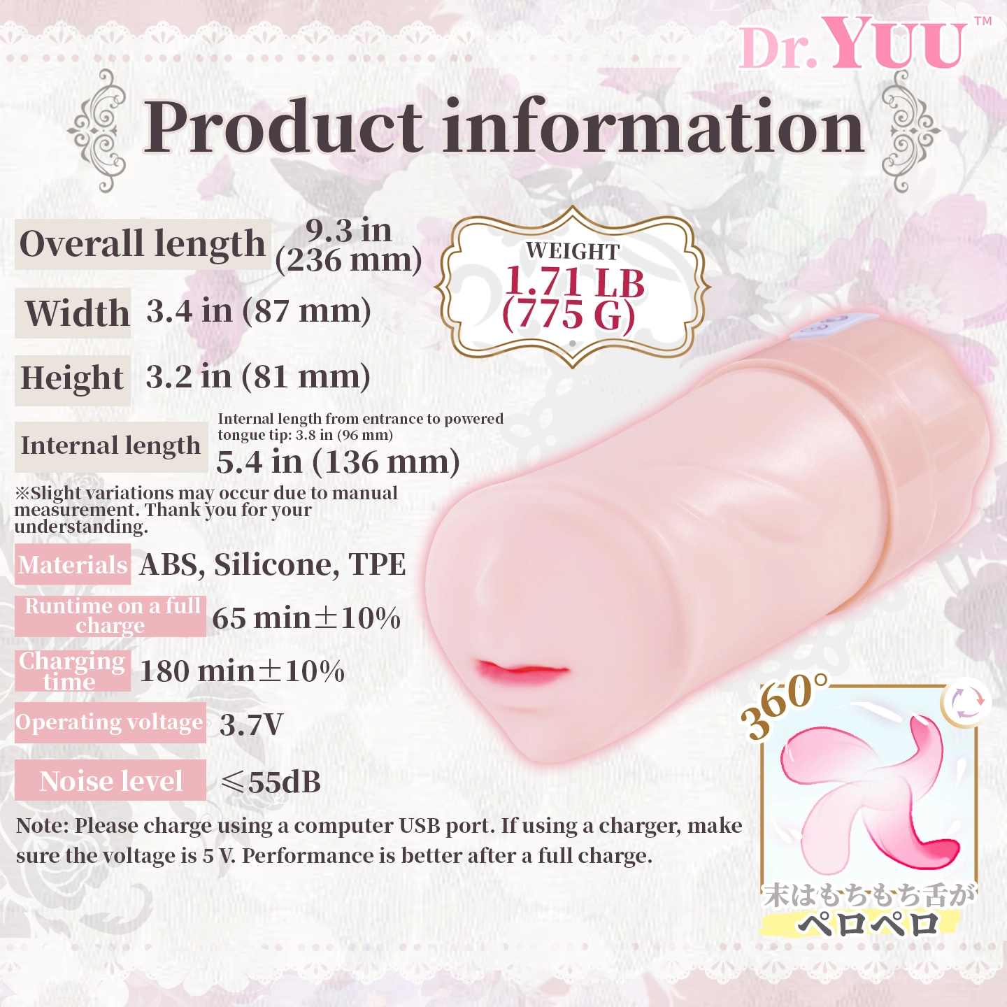 Dr.YUU rotating tongue oral masturbator specifications with 1.71 lb weight and 5.4 inch canal