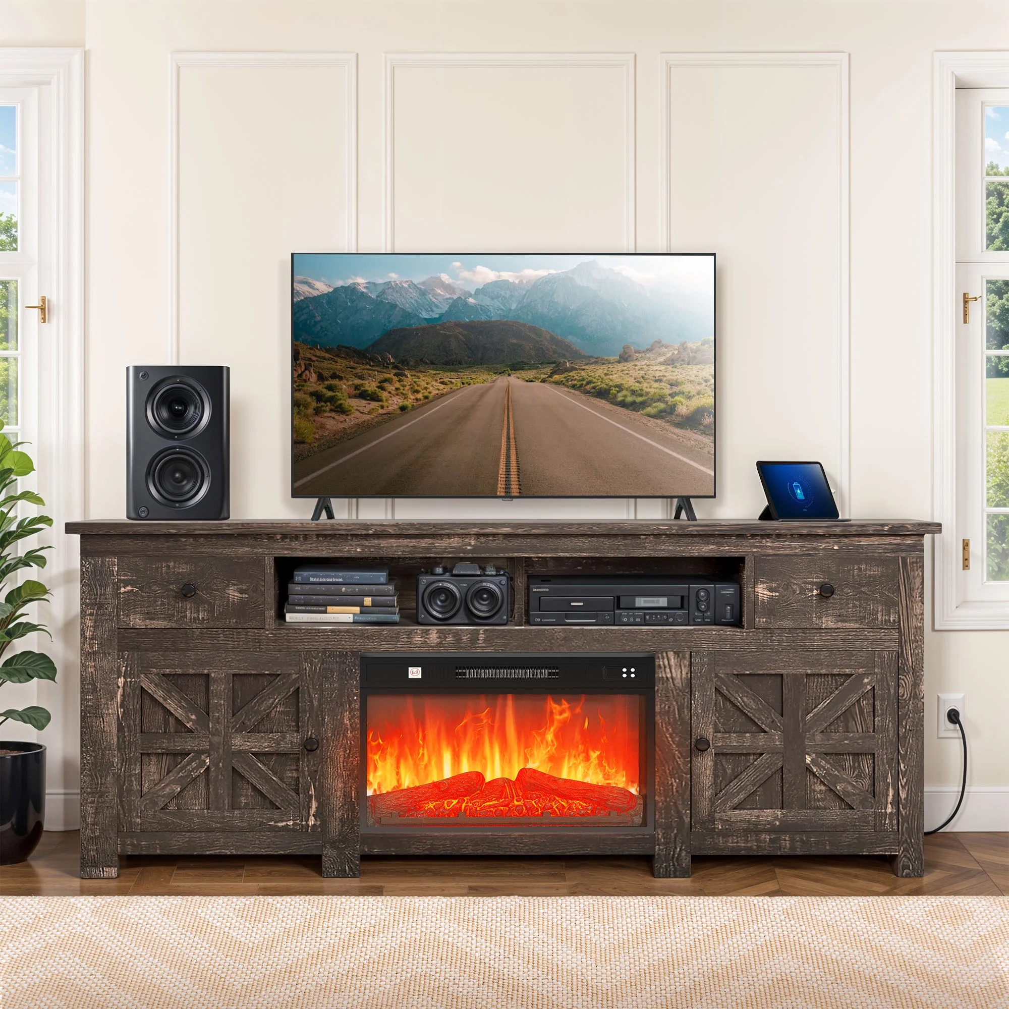 Uforic Farmhouse TV Stand for 75/80 Inch TV, Rustic Entertainment Center with Power Outlet, Storage Drawers, TV Console for Living Room, Oak - Image 4