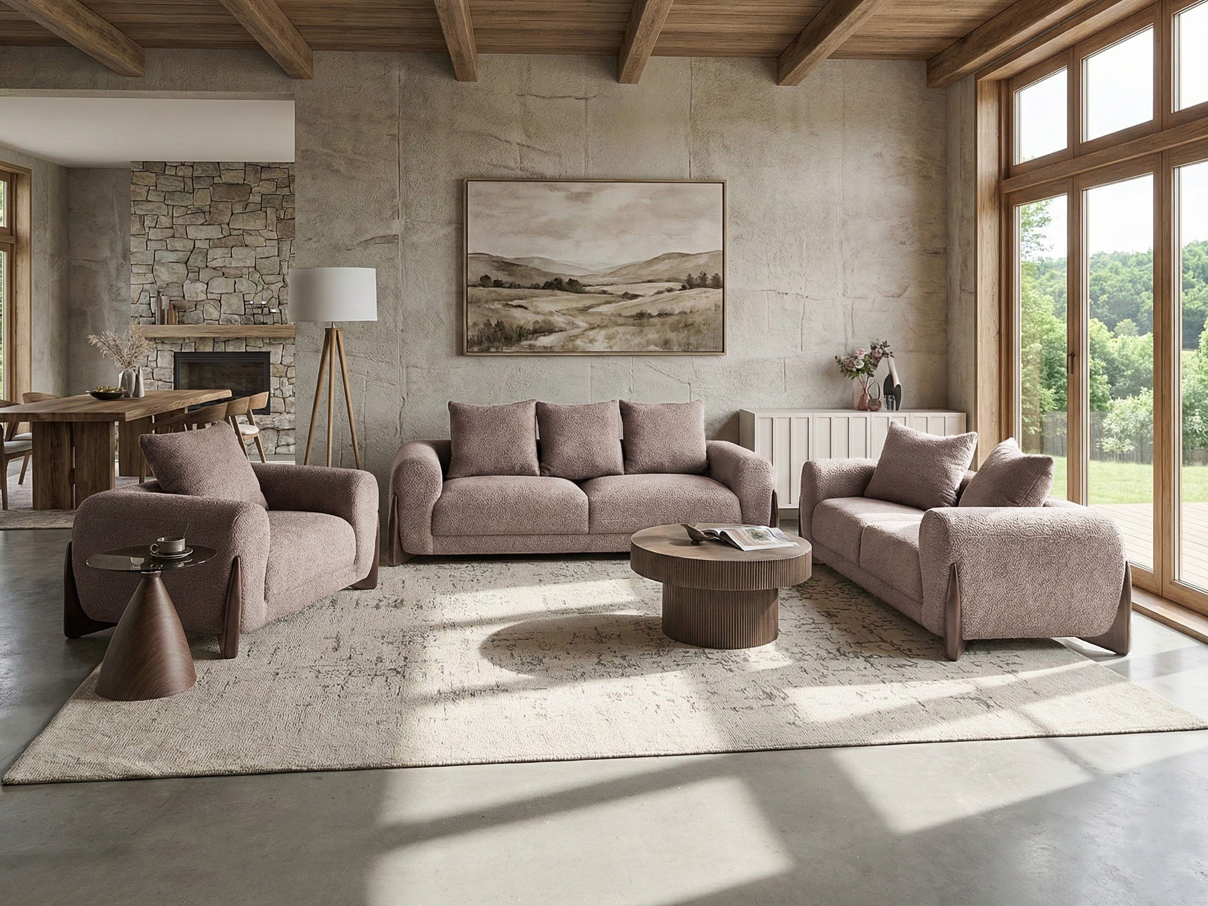 Living Room Set 6 Seater VINLIDEN Boucle Brown