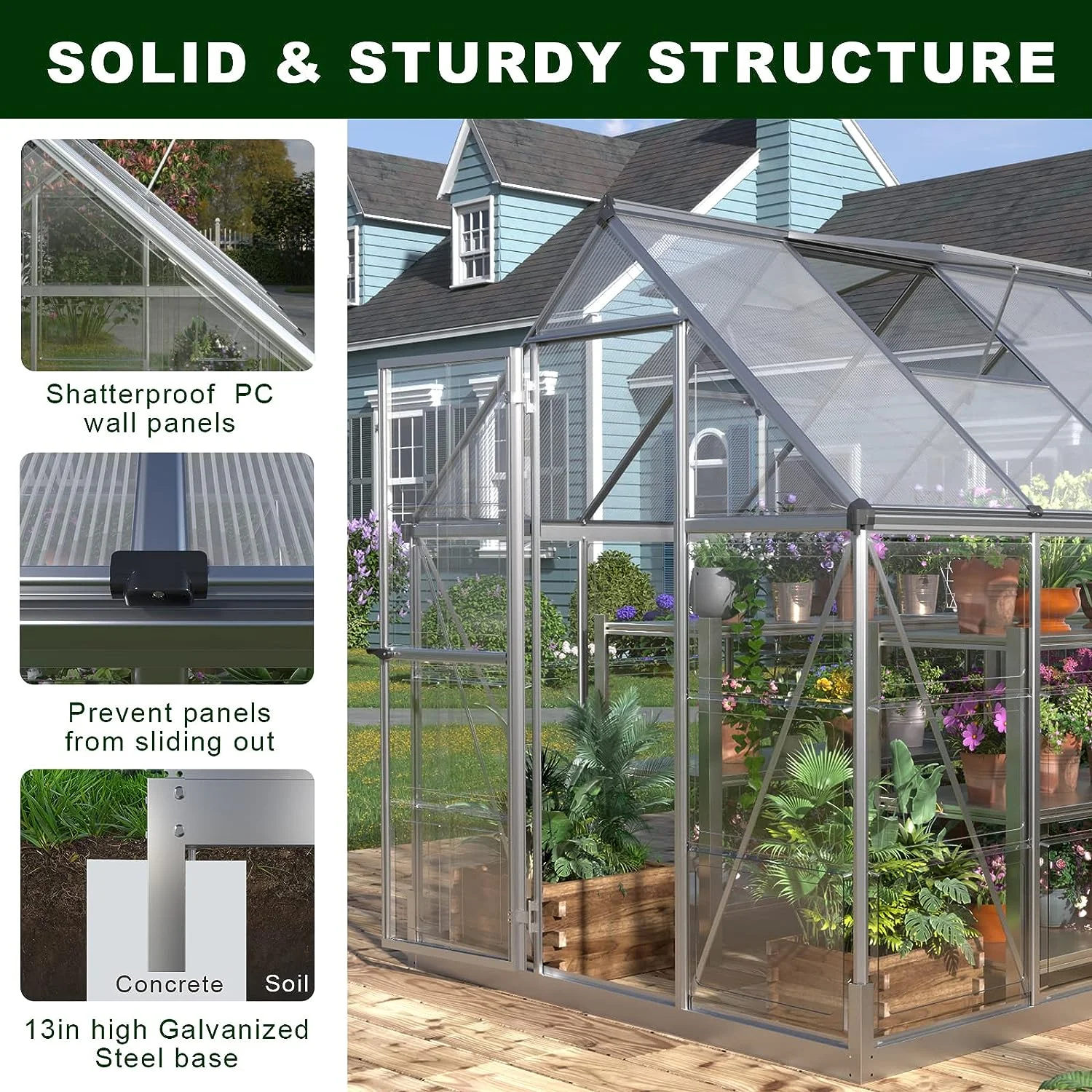Jocisland 8x8x7 FT Polycarbonate Walk-In Greenhouse with Aluminum Frame, 2 Top-Opening Windows & 2 Swing Doors, Heavy Duty for Outdoor Garden Use, Black - Image 10