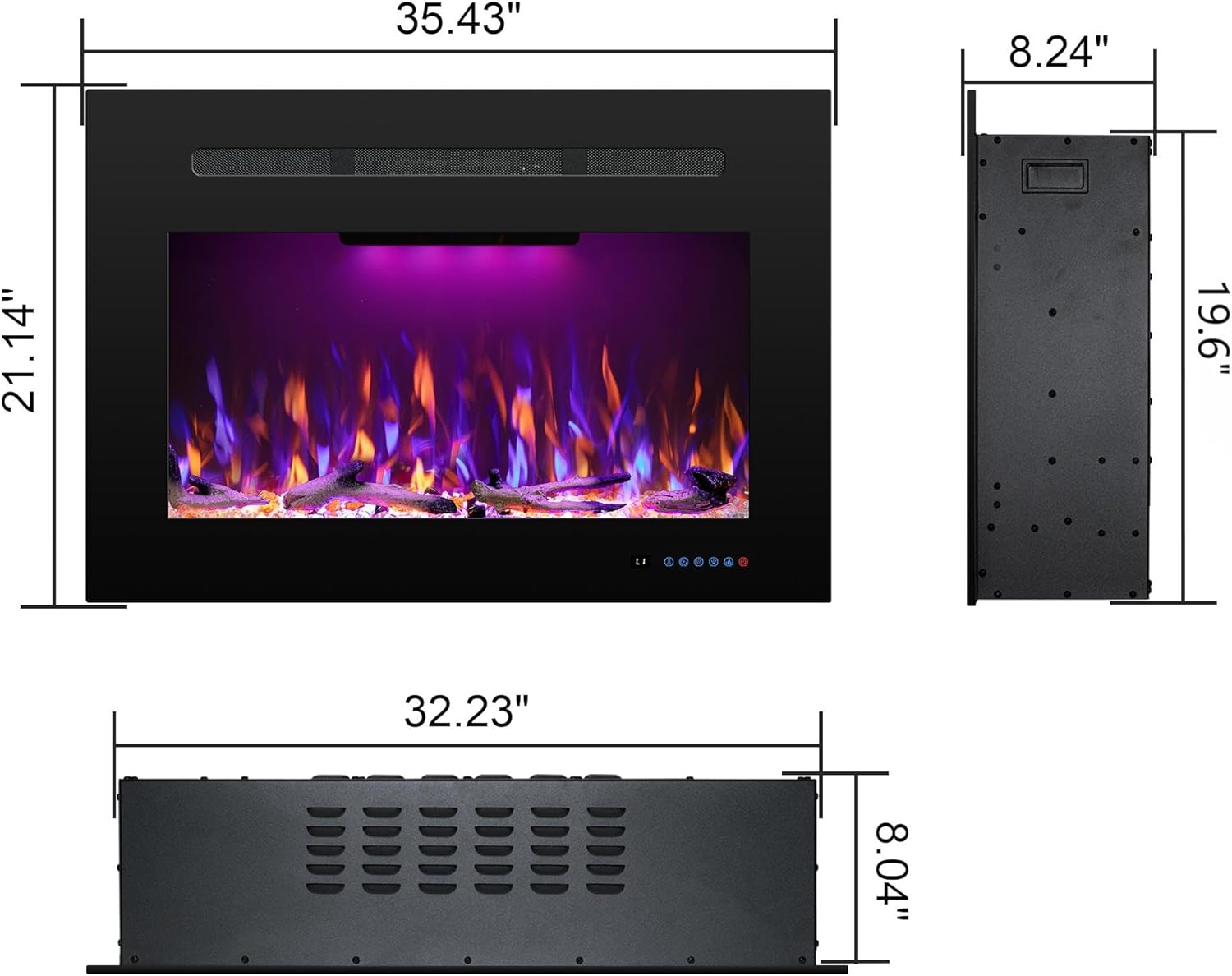 Electric Fireplace Inserts with 3 Flame & Top Light Color, Recessed Fireplace Heater with Thermostat, 750/1500W, Crackling Sound, Logs & Crystals, Timer, 32.2
