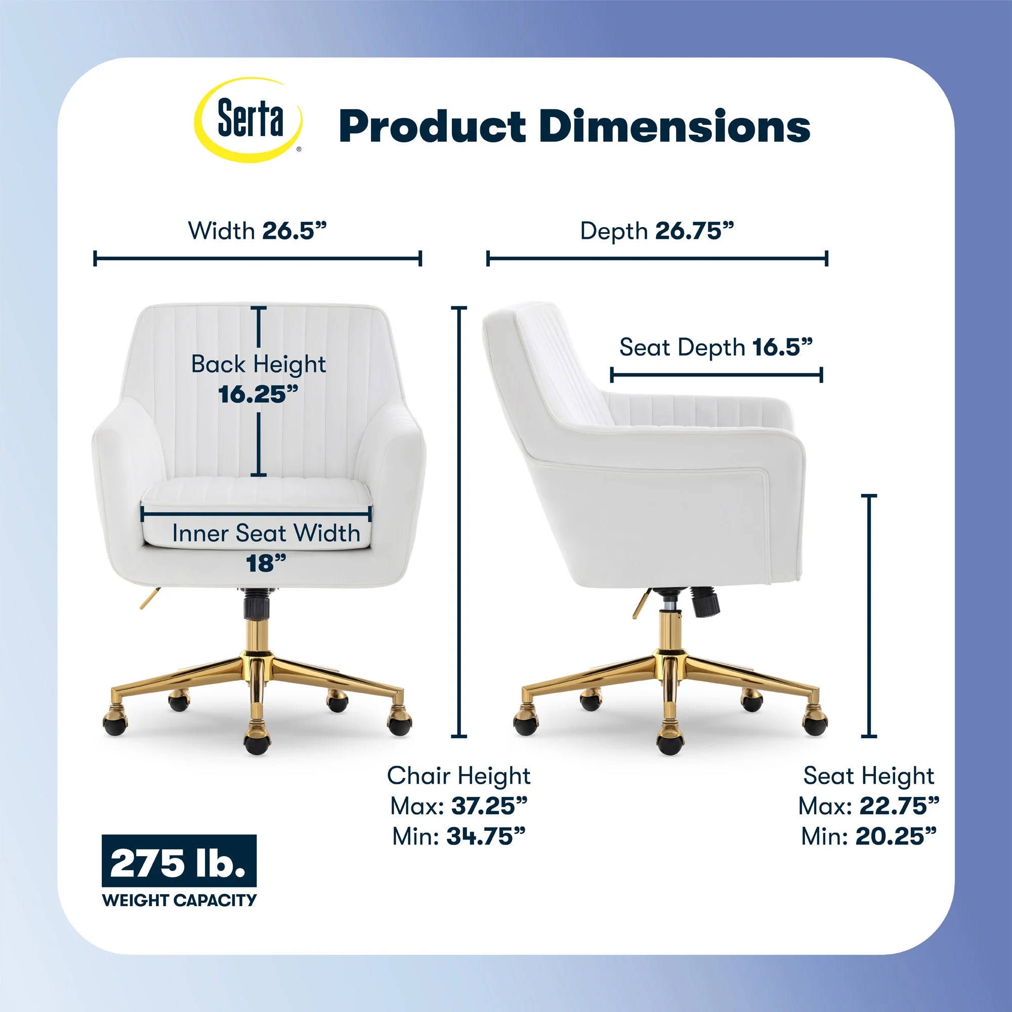 Serta Ashleigh Modern Office Chair Channel-Tufted Design White Velvet Fabric