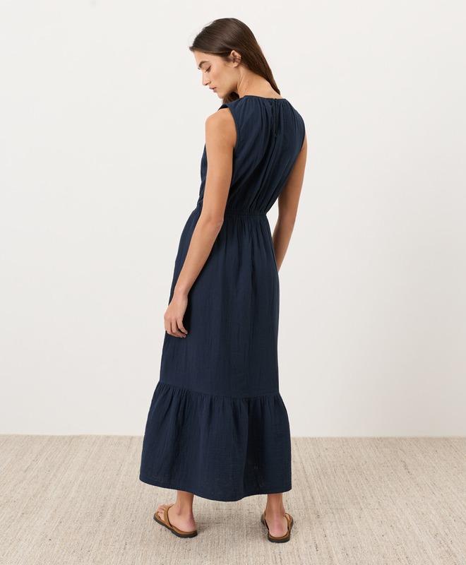 Organic Coastal Double Gauze Tiered Midi Dress - Navy