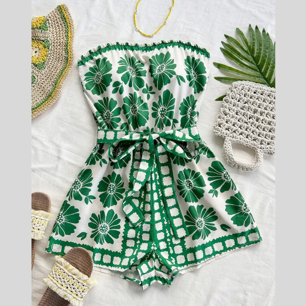Printed Tube Tie Waist Romper - ZKZOOK