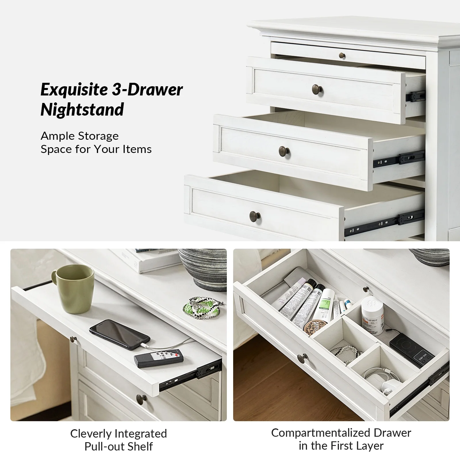 Farmhouse 3 Drawers Nightstand with Tray Bedside Table with Charging Station Acorn - Image 15