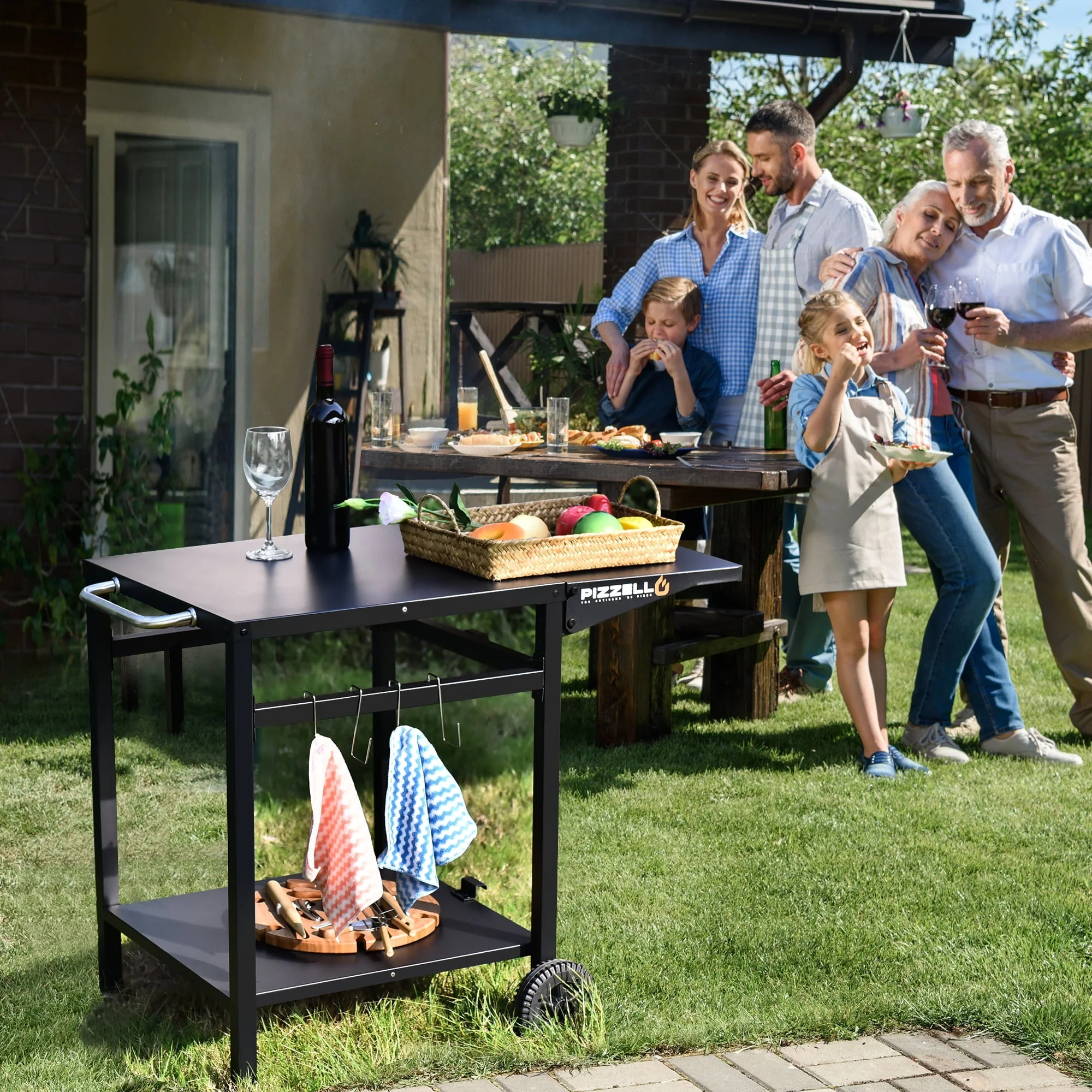 Pizzello Outdoor Grill Pizza Oven Food Prep Bbq Cart Stand Table with Storage Wheels Expandable Countertop, Black - Image 4