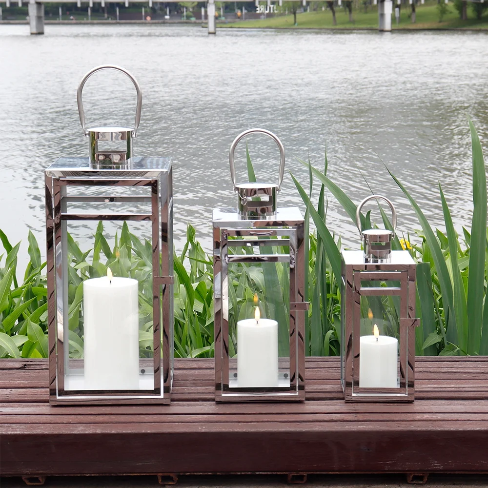 Stainless Steel Lantern Set of 3 12/15/19" Metal Lanterns with Tempered Glass for Parties & Events (Silver ) - Image 4