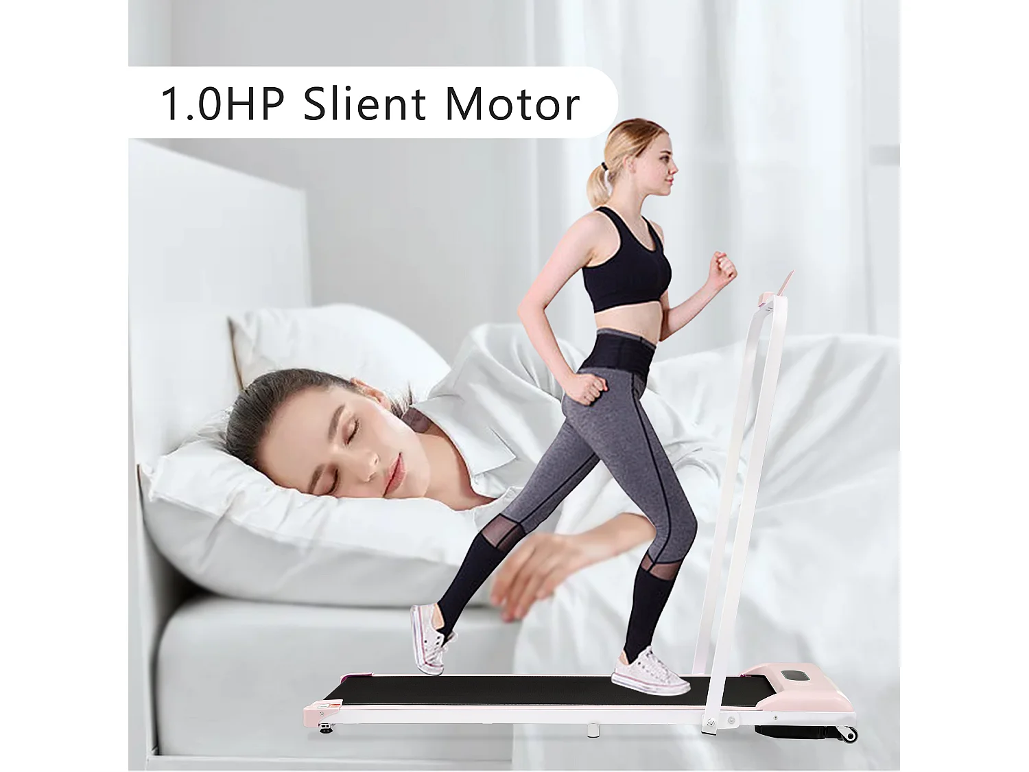 Tapis de course avec écran LED ,haut-parleur Bluetooth et support - Rose et noir