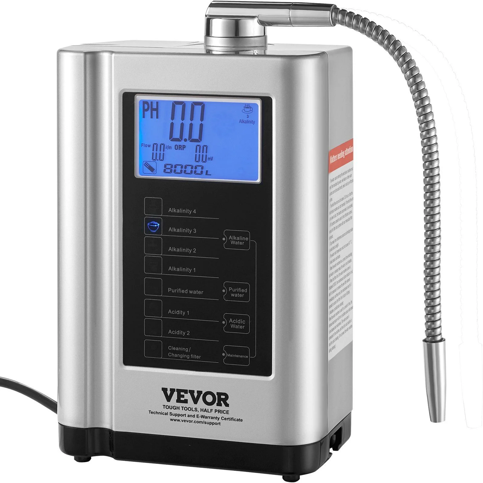 Alkaline Water Ionizer Machine, pH 3.5-10.5, Hydrogen Water Purifier, 7 Settings, -550mV ORP, 8000L Filter, Auto-Cleaning, White